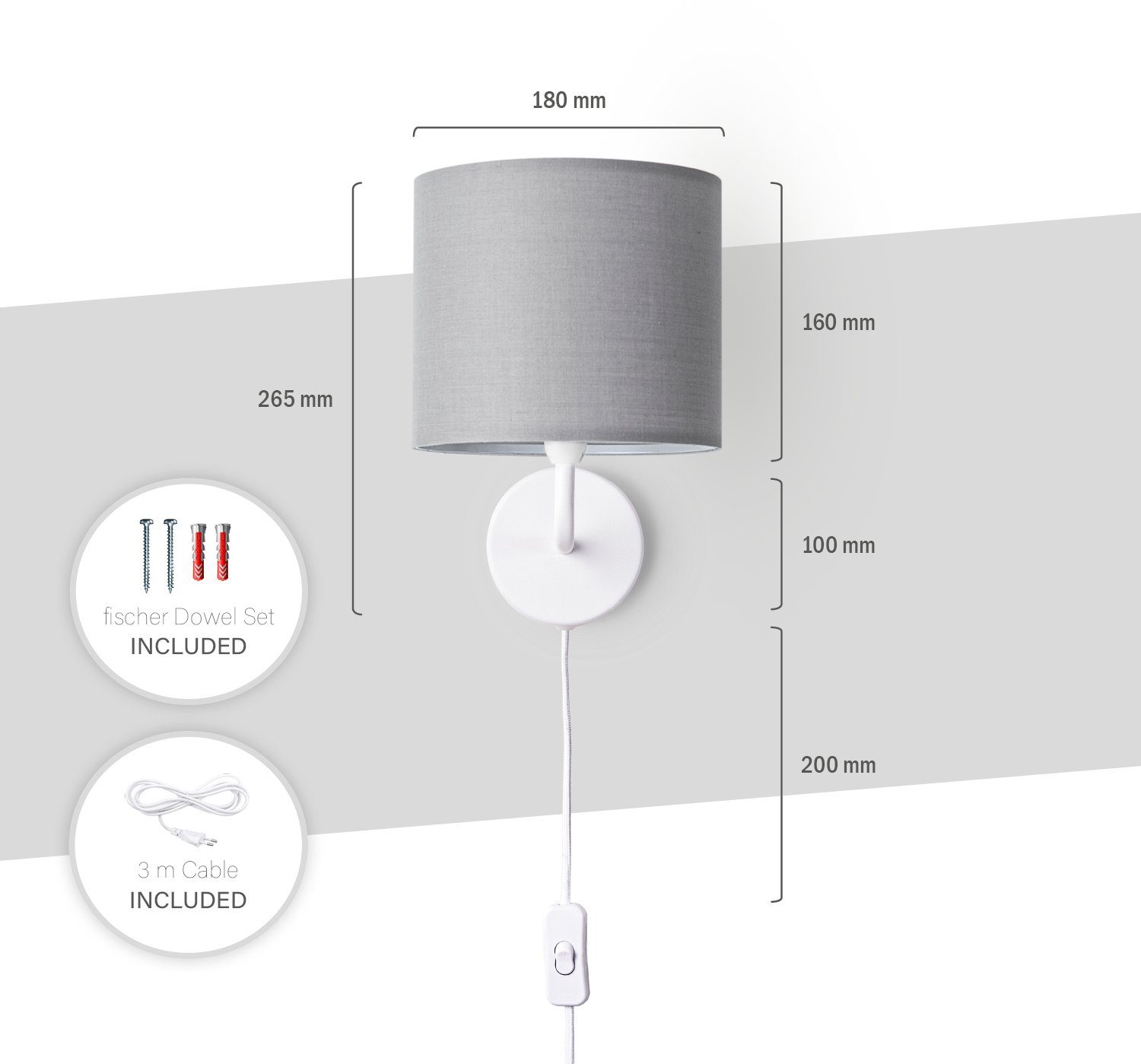 Paco Home Wandlamp Uni Color Wandlamp schakel gang woonkamer Ø…18cm effen decor kabel 3m E14