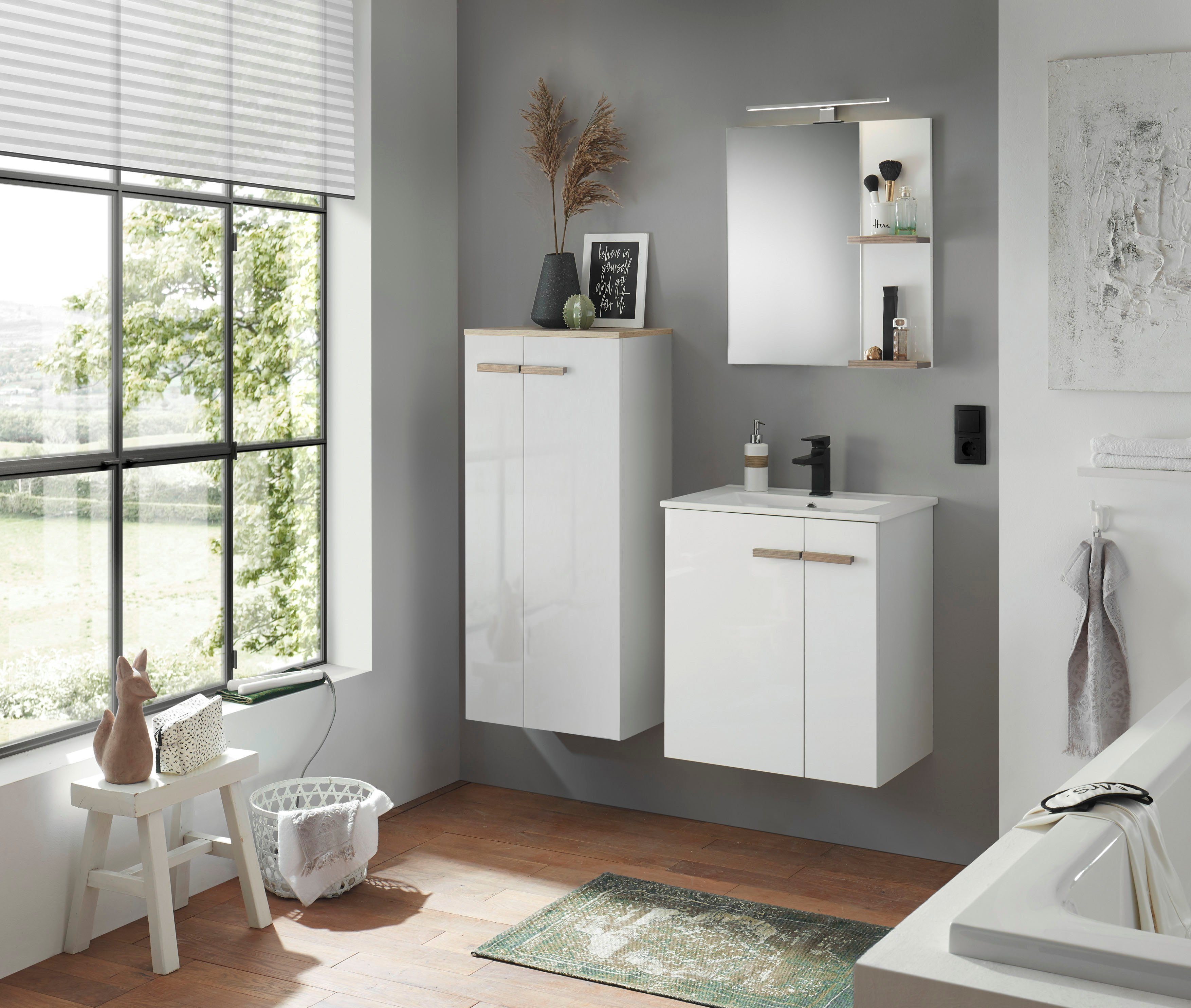 Places of Style Badkamerserie SOLiD, Badmöbel-Set, Bad im modernen Design, 3-teiliges Badezimmer Totale breedte 130 cm, wastafelonderkast met inbouw-wasbak, halfhoge kast (3-delig)