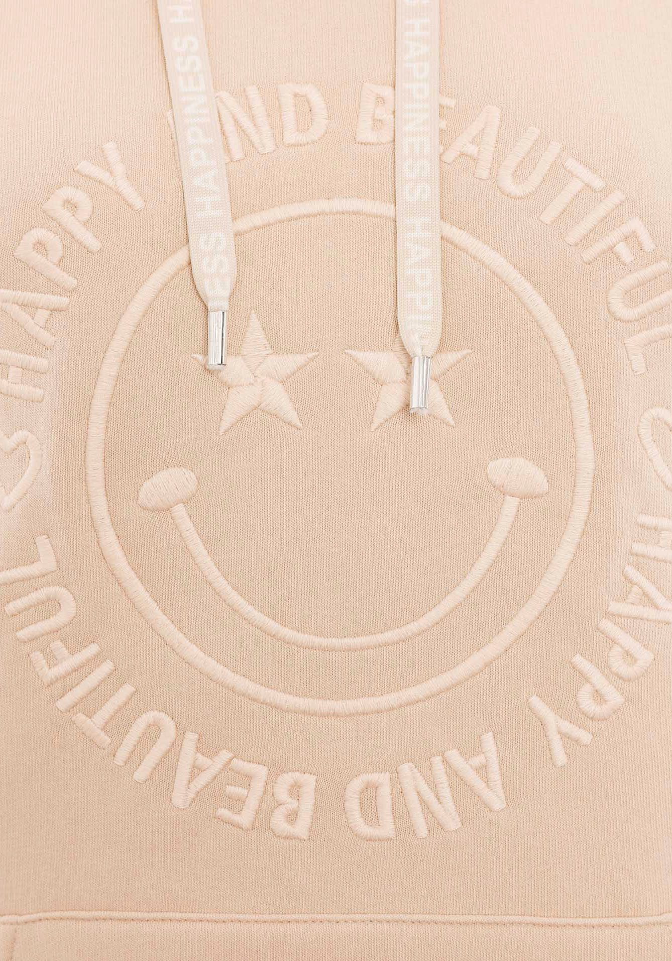 Zwillingsherz Hoodie Happy and Beautiful met gelijkkleurige smiley-borduursel en bindbanden met inscriptie
