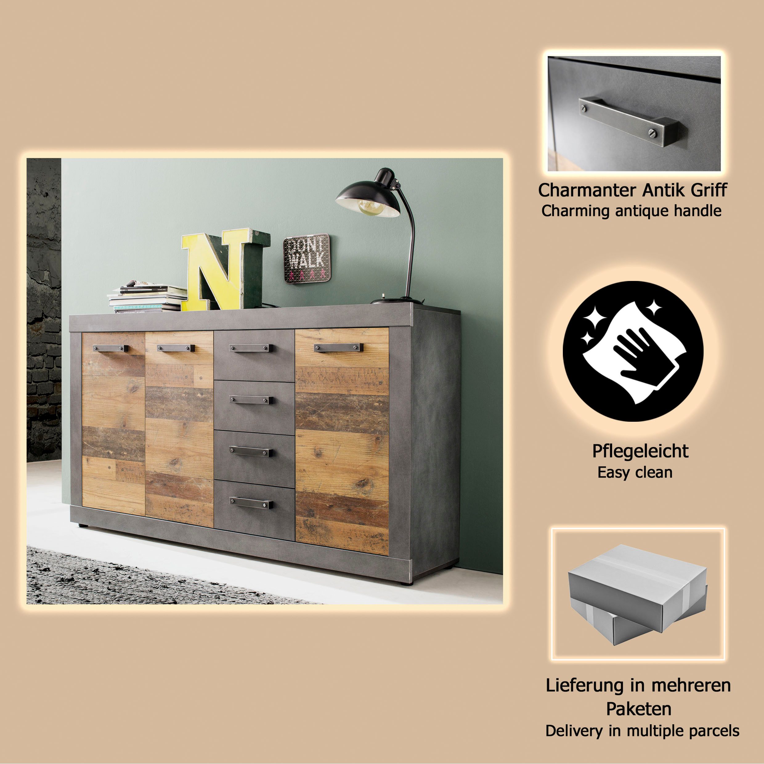 INOSIGN Kast Ilana Sideboard in moderne industriële stijl - Met 4 lades en 4 vakken