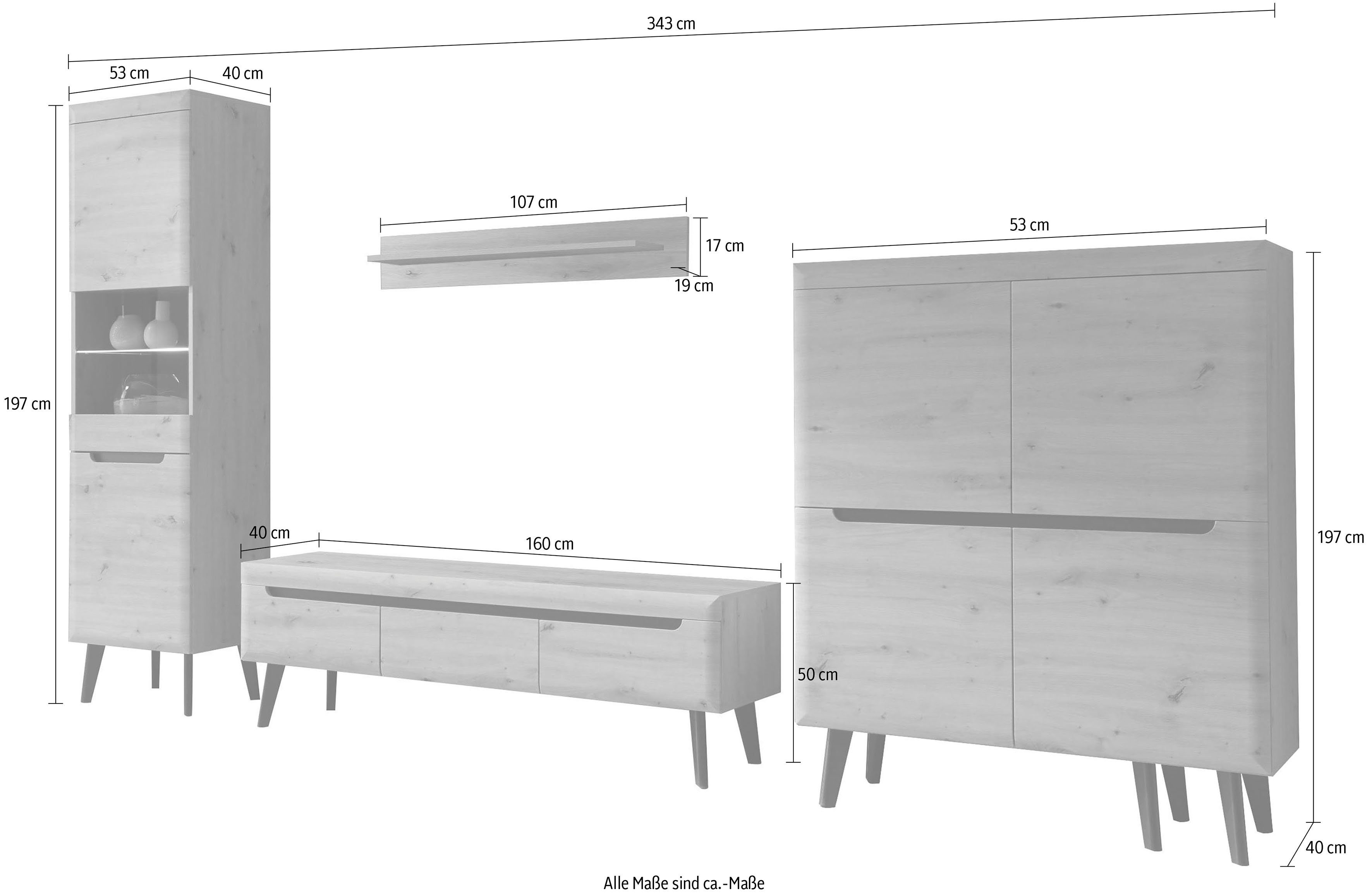 INOSIGN Wandmeubel Torge, wandmeubel, kastwand, mediawand, woonkamer-set bevat 1 vitrine, 1 lowboard, 1 highboard + 1 wandplank, 360 cm breed (set, 4-delig)