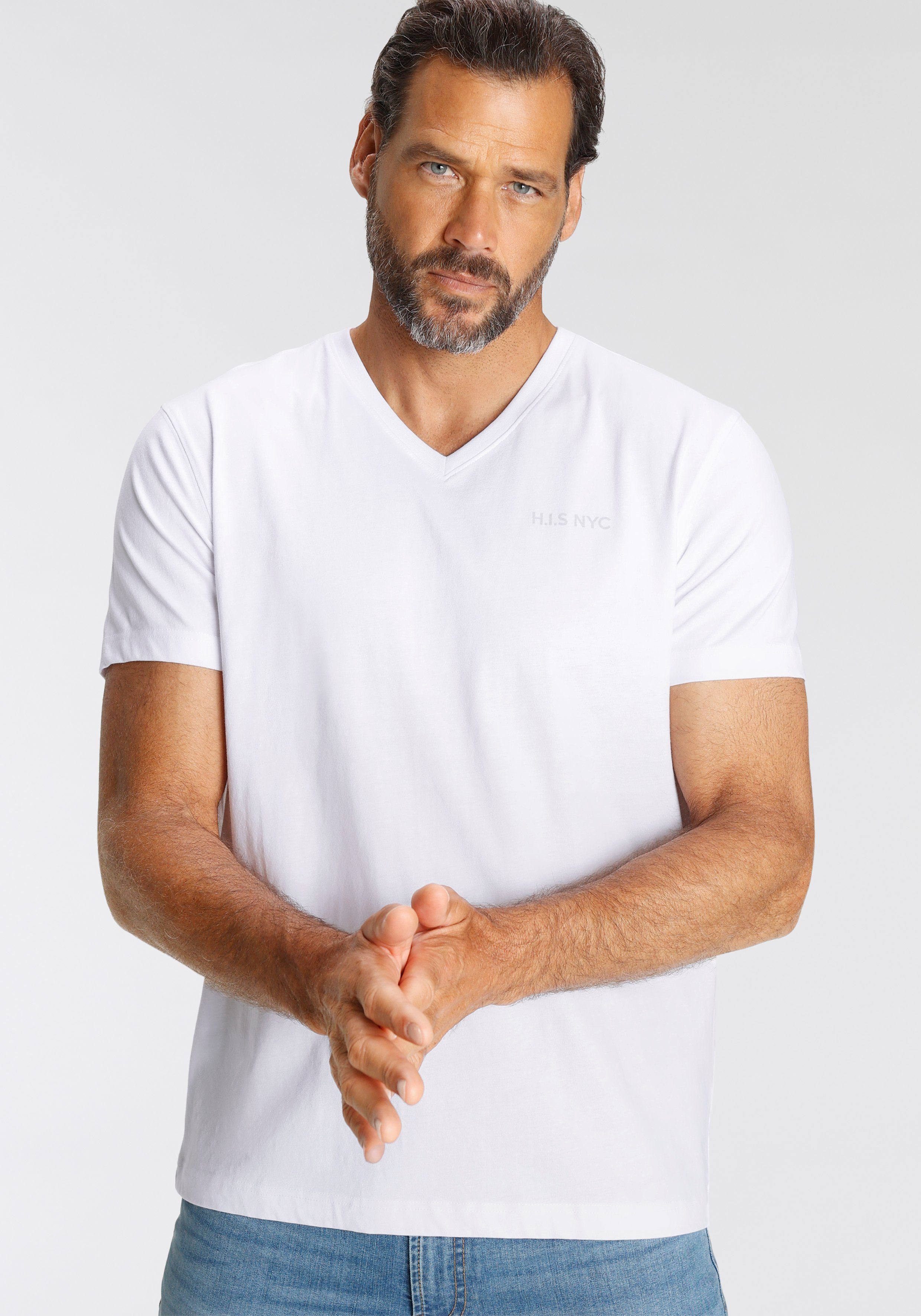H.I.S Shirt met V-hals Korte mouwen, slim fit, van katoen (Set van 3)