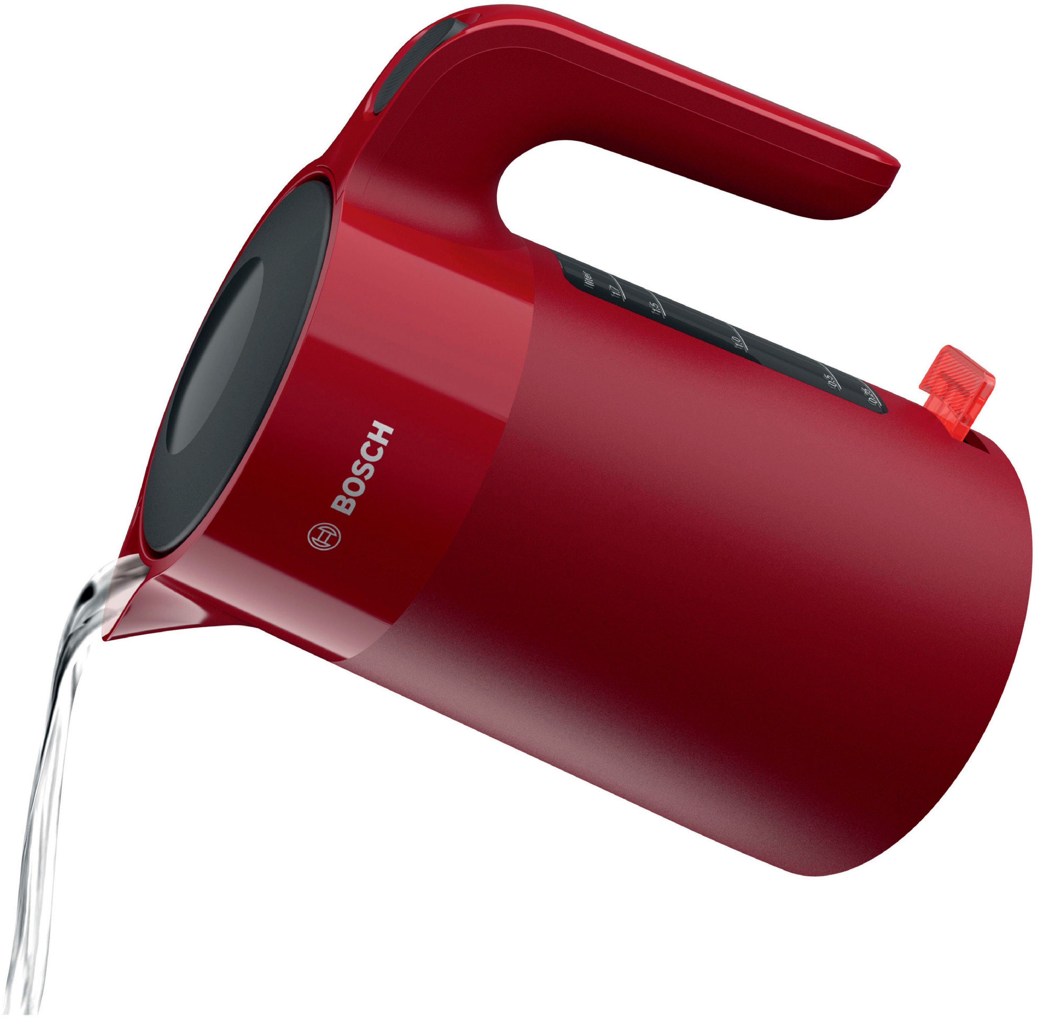 BOSCH Waterkoker TWK2M164, 1,7 l, Automatische uitschakeling, weergave aantal kopjes, mat rood