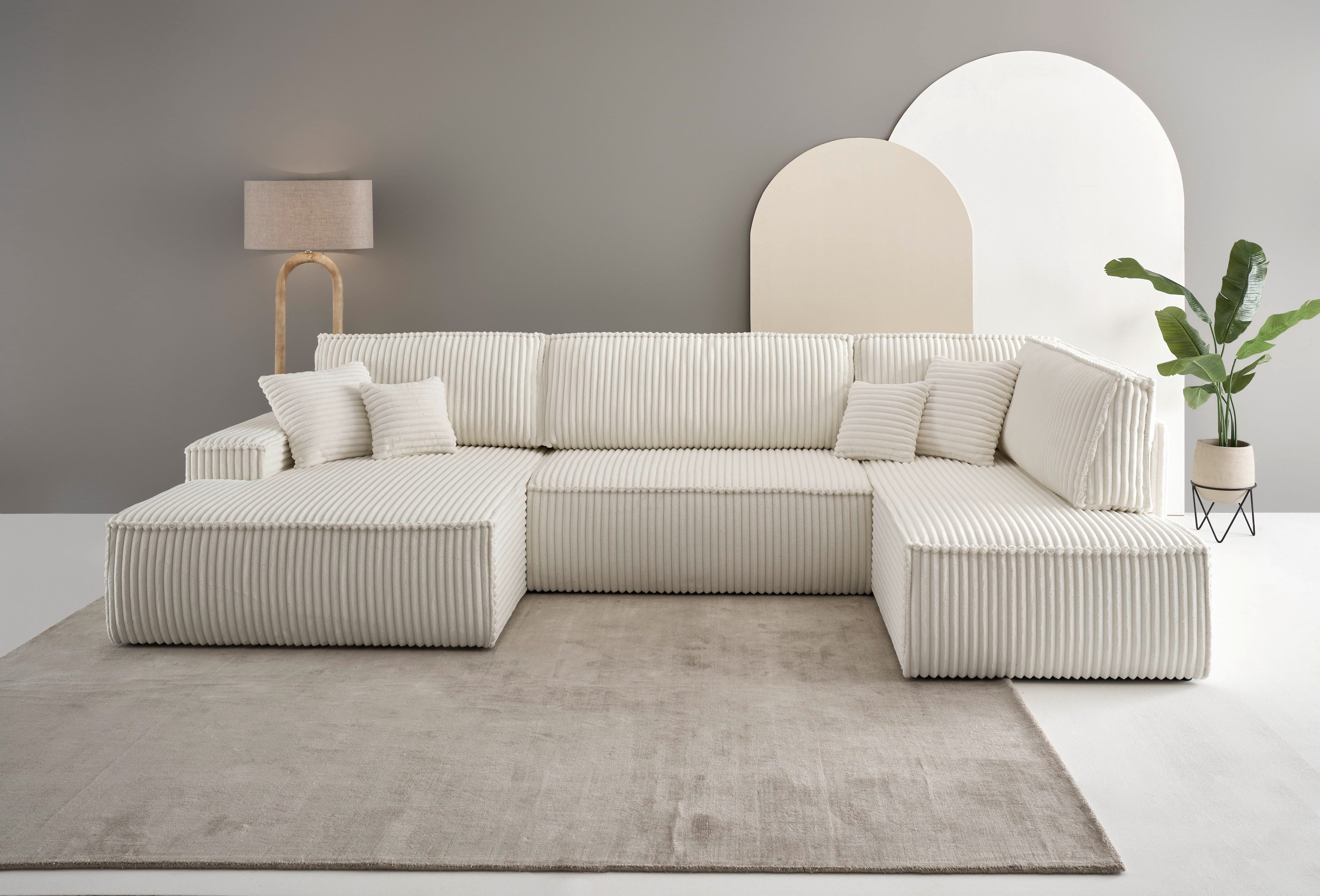 andas Zithoek FINNLEY U-model XXL 329 cm, bedbank, slaapfunctie m. bedkist beige, zithoeken, Ottomane links-langer Schenkel rechts
