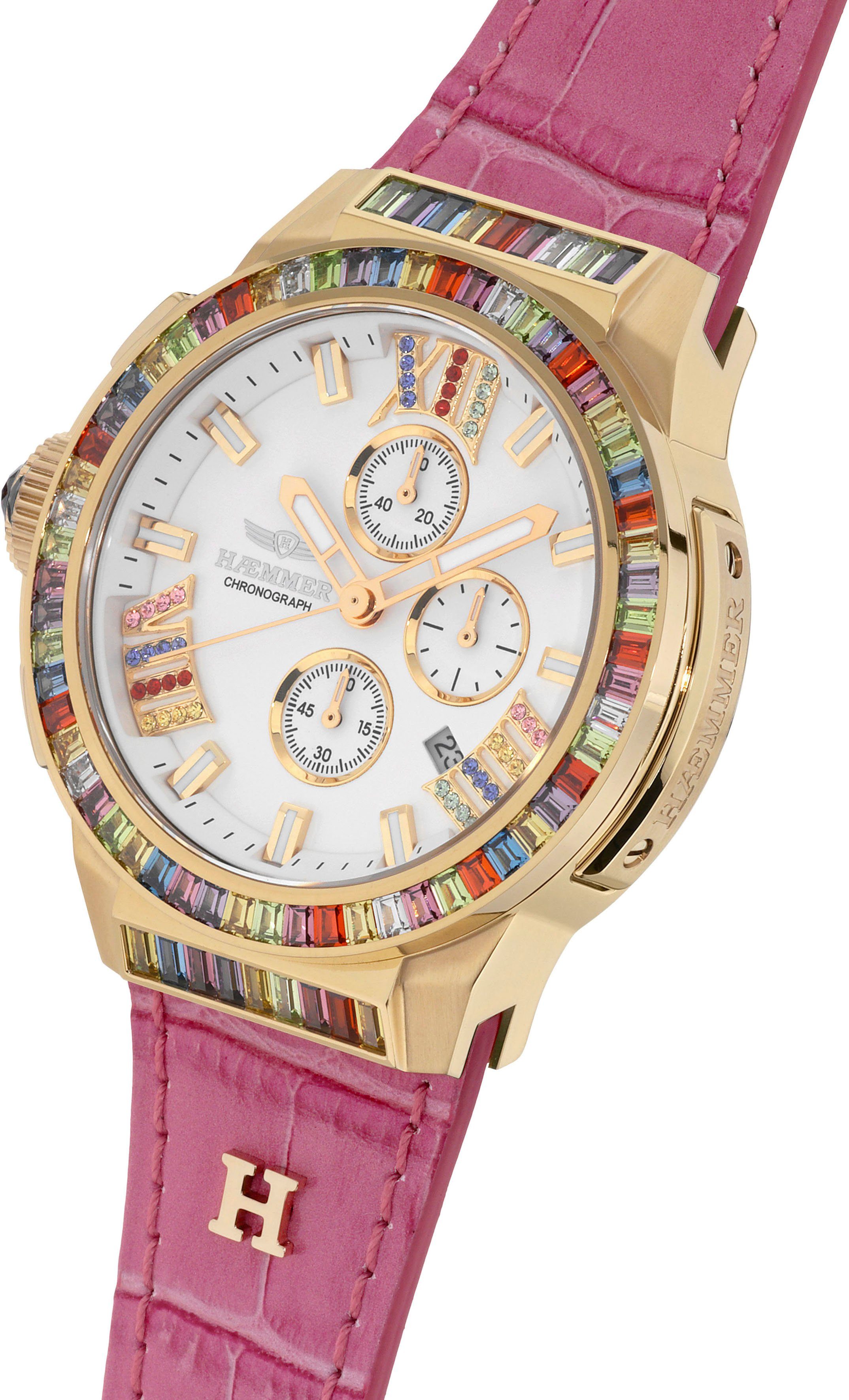 HAEMMER GERMANY Chronograaf Glorious Quartzhorloge, dameshorloge, datum, stopwatchfunctie, saffierglas, leren band