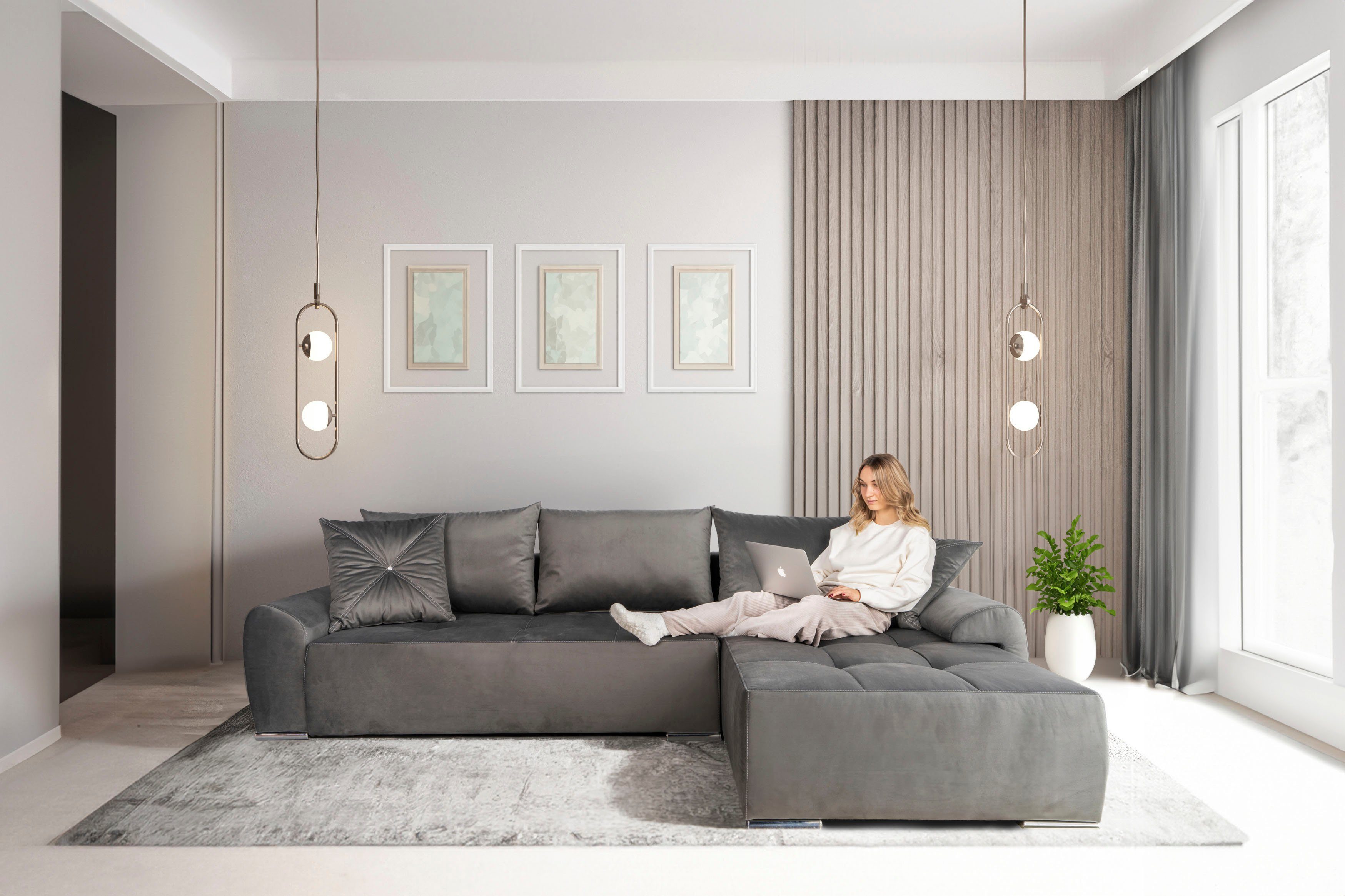 COLLECTION AB Hoekbank Bilbao L-vorm incl. slaapfunctie, bedbox en sierkussens met stras