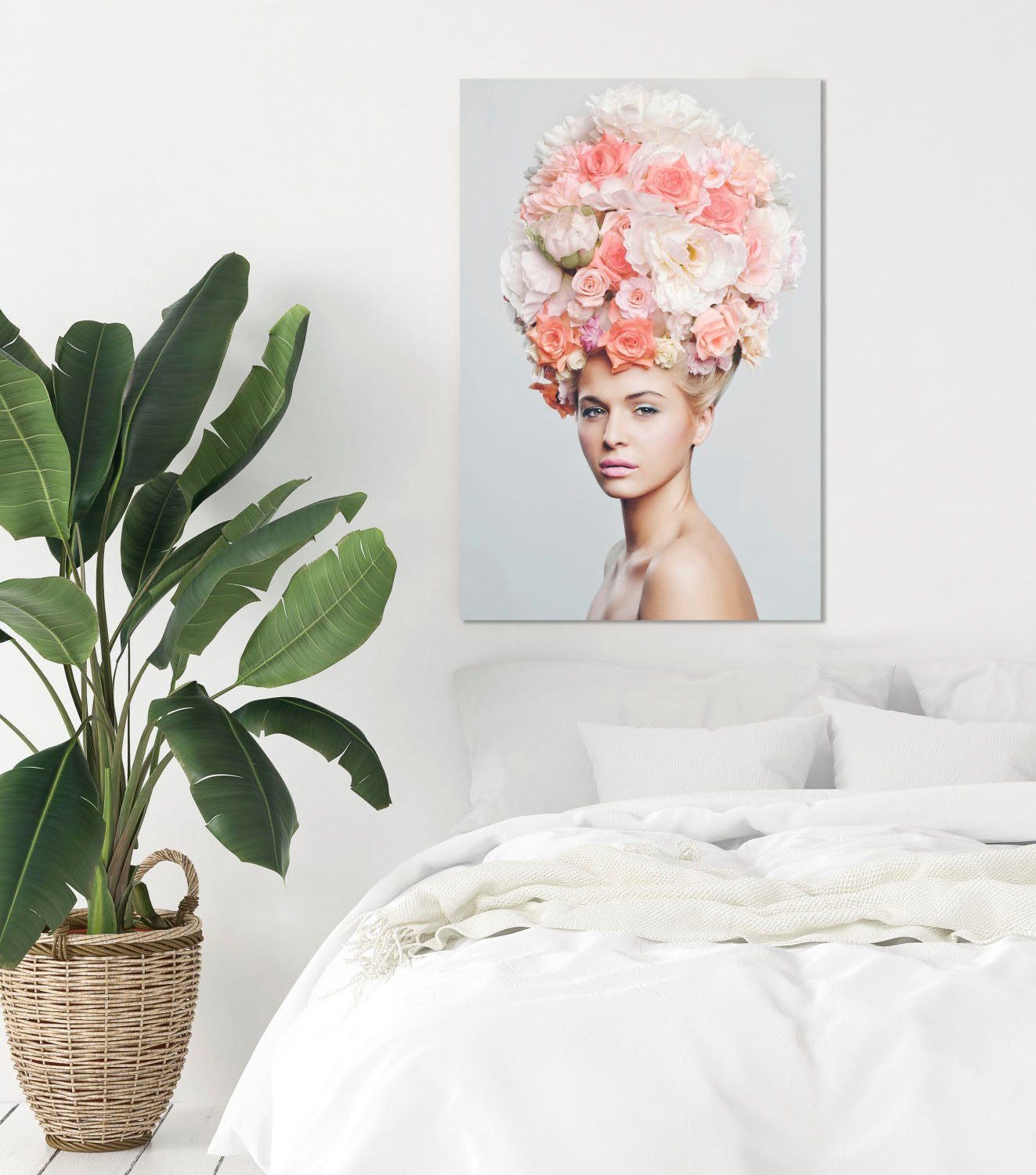 queence Artprint op acrylglas Vrouw met bloemenhoed Fine Art-print in galeriekwaliteit