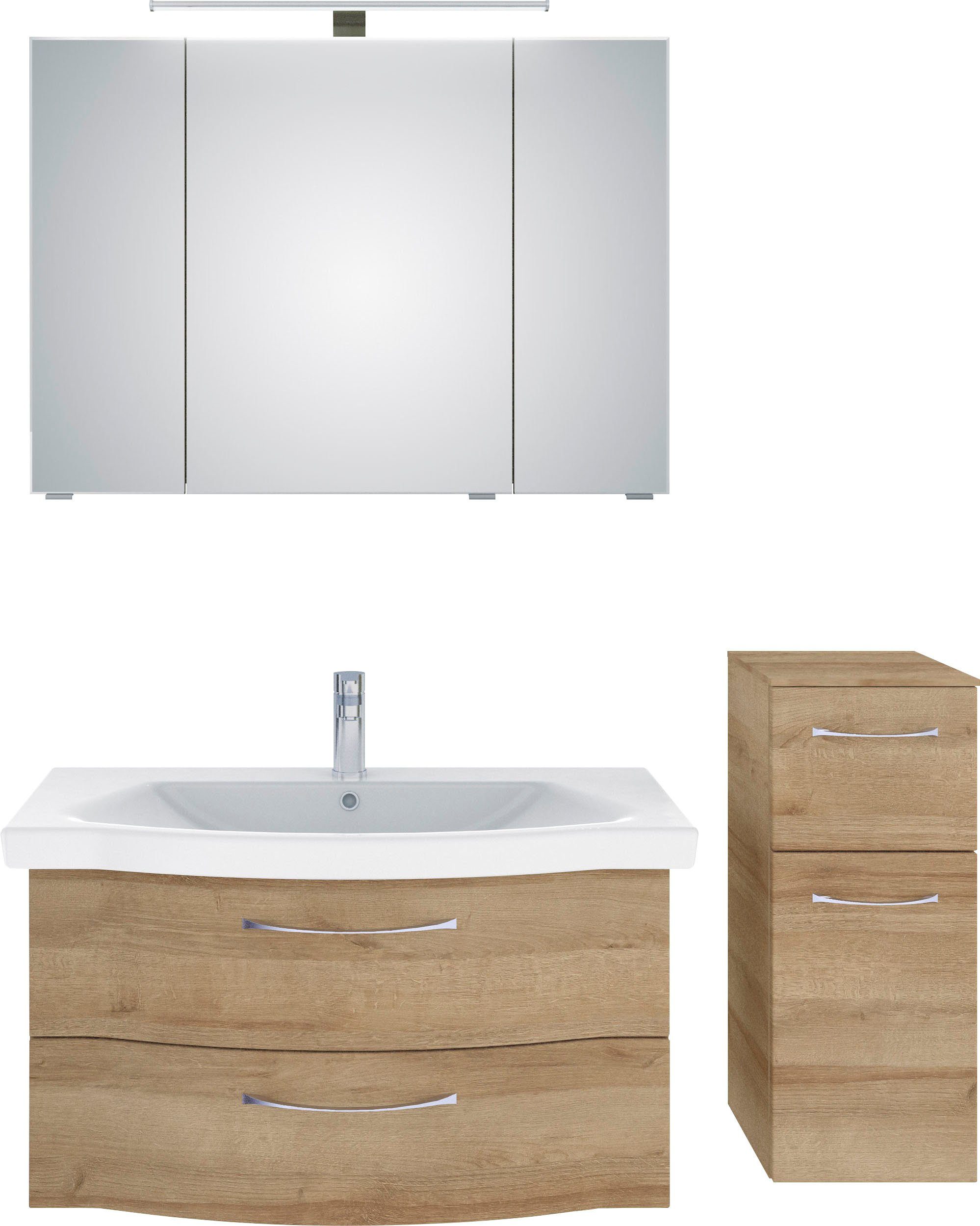Saphir Badkamerserie 6005 sprint 3-delig, keramiek-wastafelonderkast met led-spiegelkast Onderkast, inclusief deurdemper, 4 deuren, 3 laden,