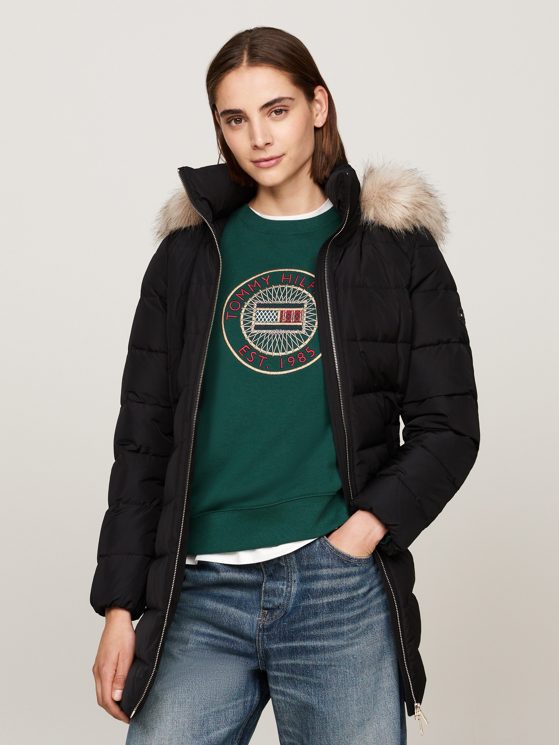 Tommy Hilfiger Gewatteerde jas HERITAGE DOWN TYRA COAT WITH FUR dames donsjassen maat M (38) zwart