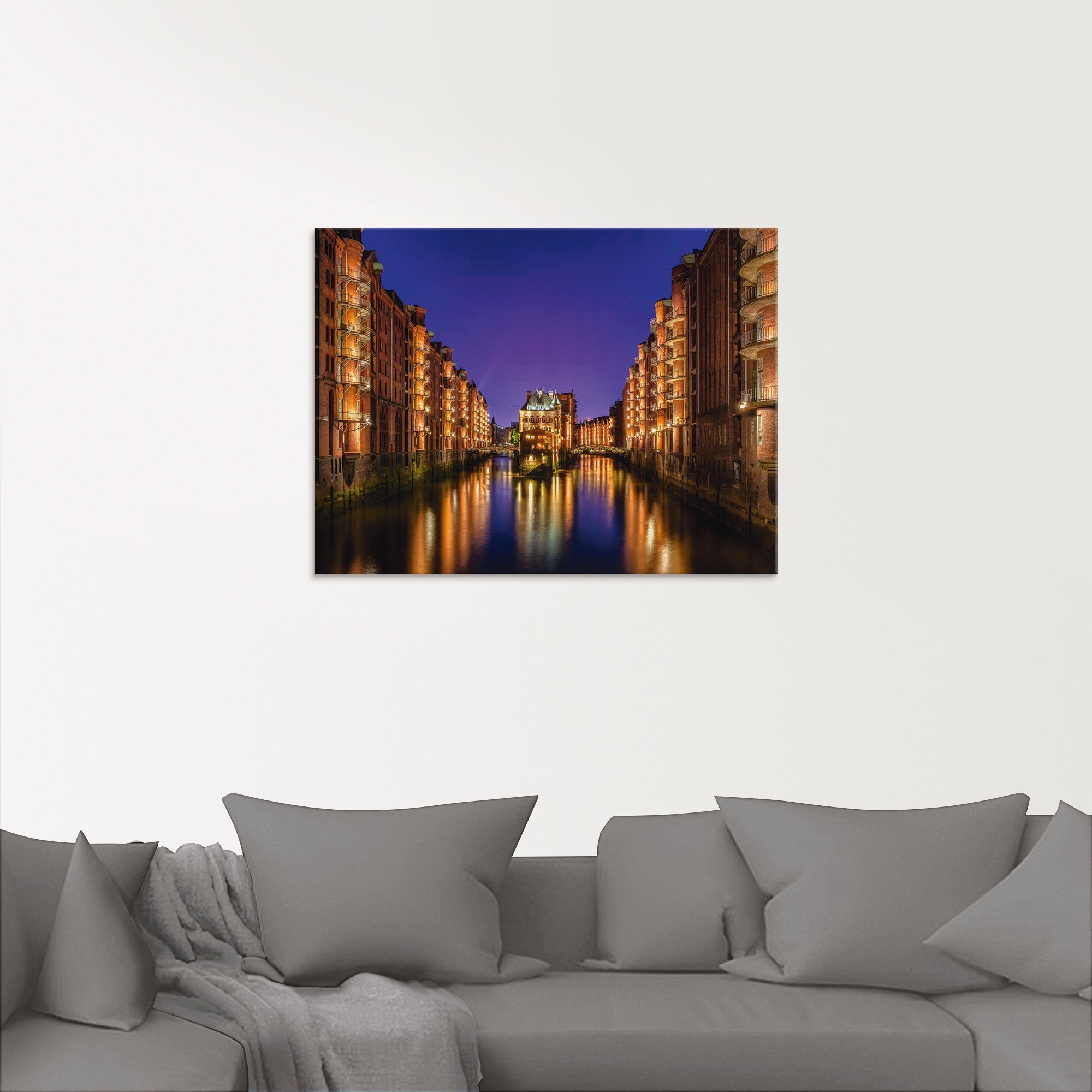 Artland Print op glas Hamburg Speicherstadt 's nachts