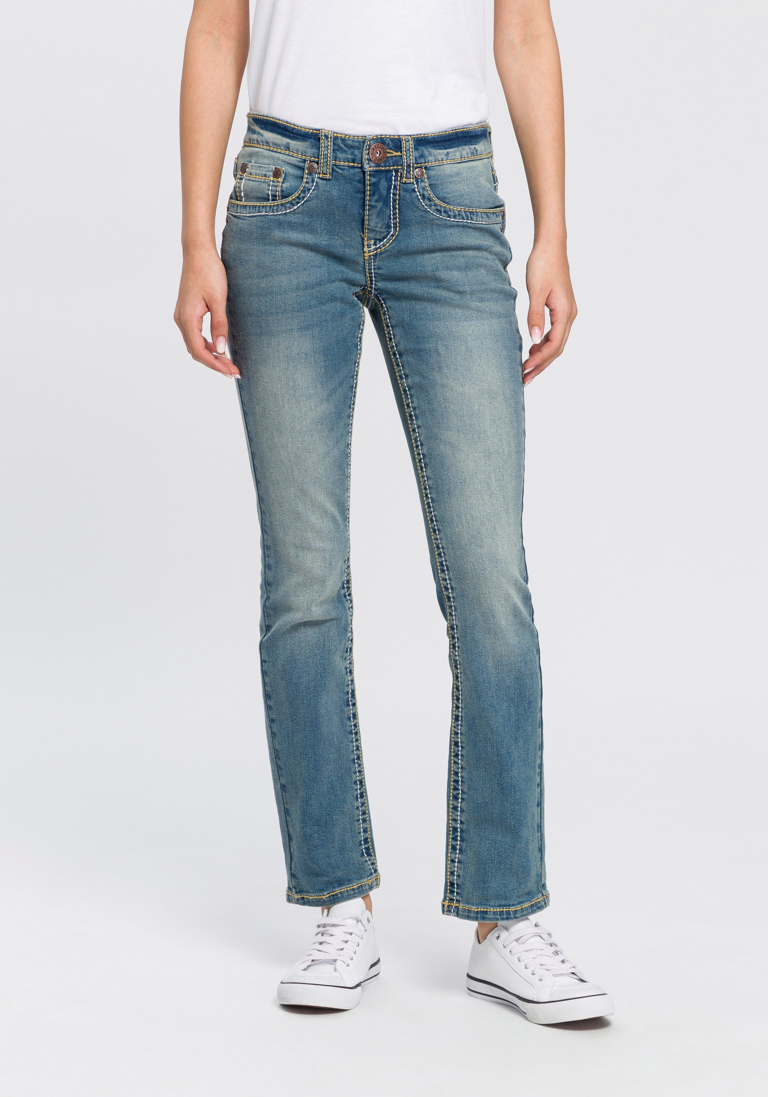 Arizona Rechte jeans Contrastnaden lage taille, in 5-pocket-vorm, used-look-wassing