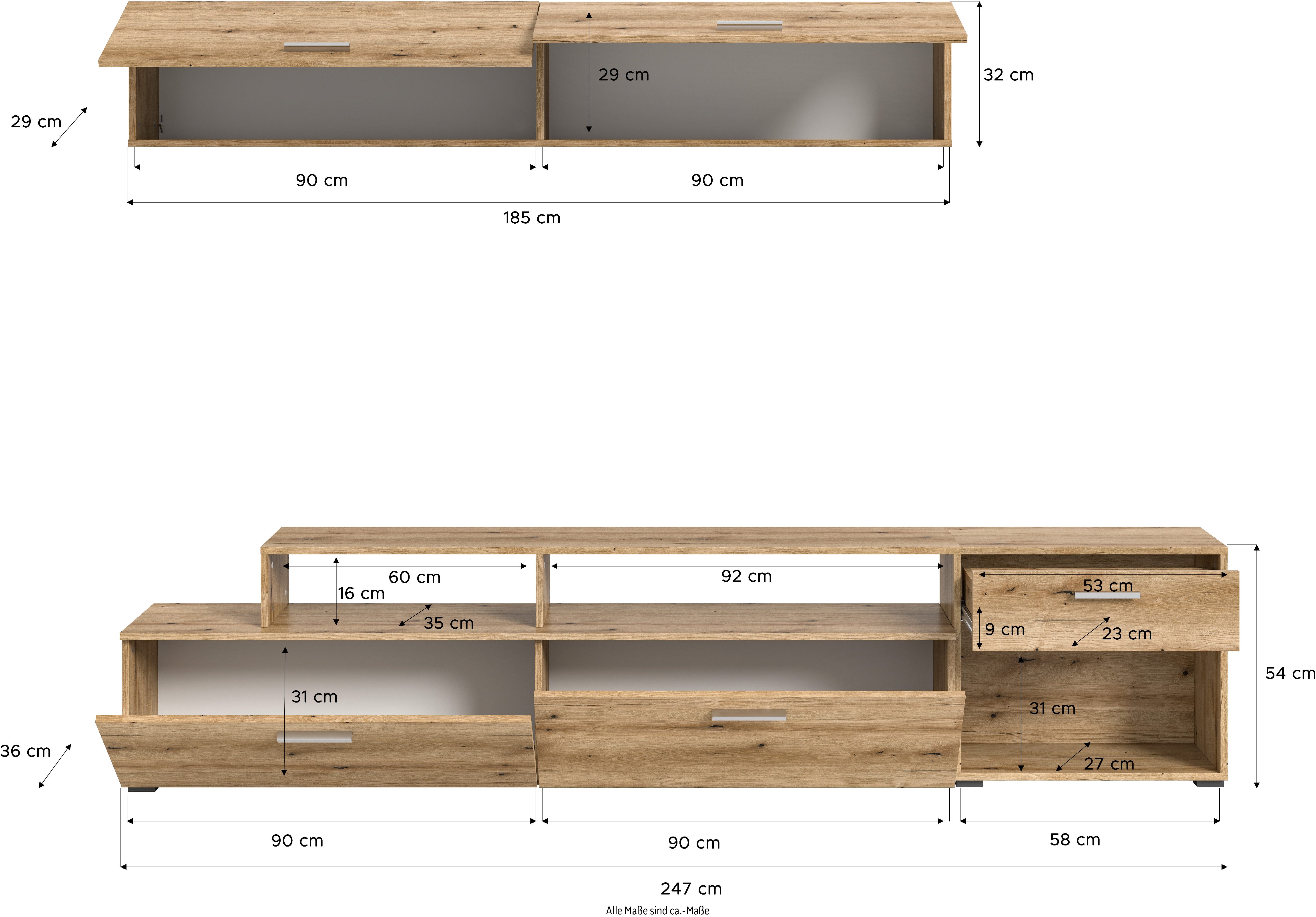 INOSIGN Wandmeubel Rotu, Breedte 247 cm, bestaand uit: Lowboard en Hangkast