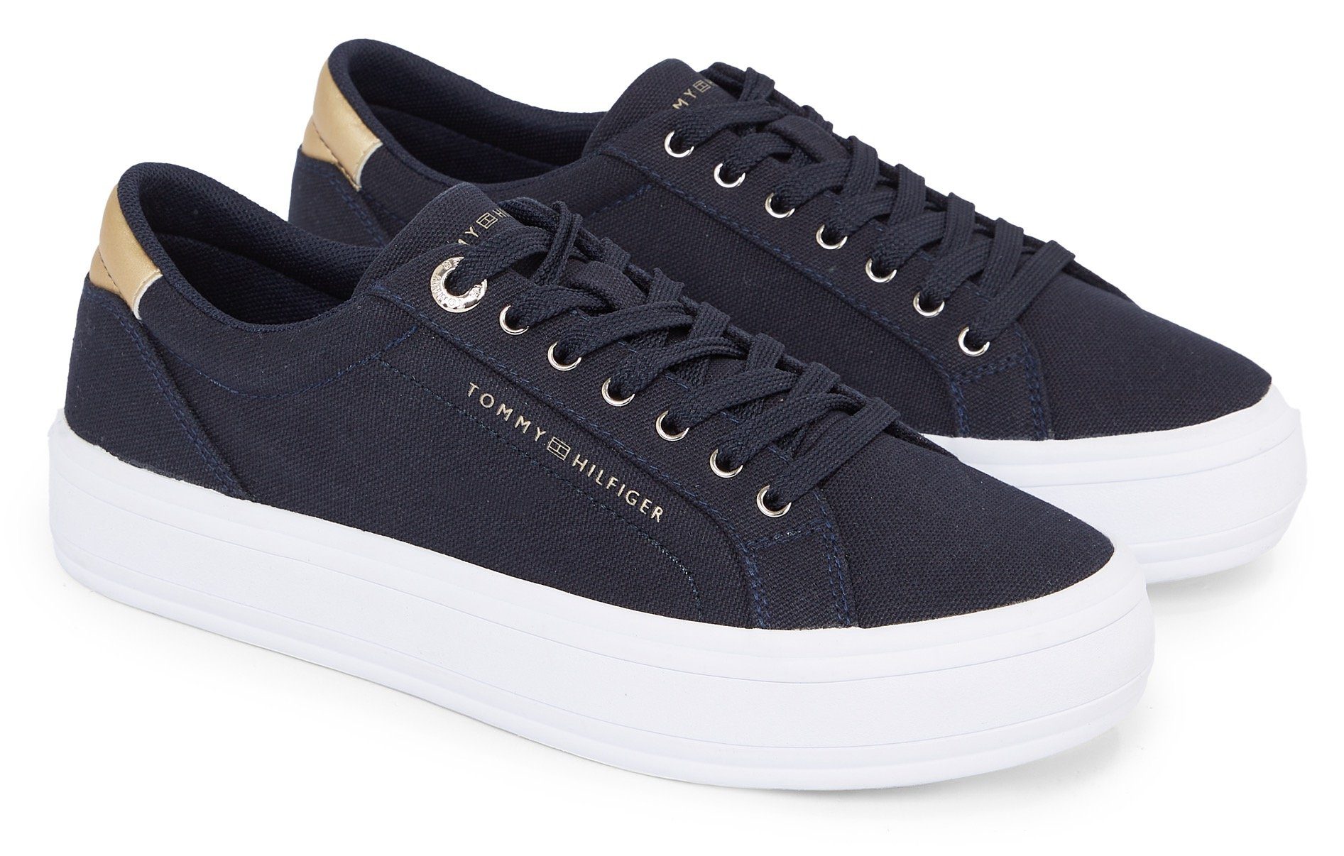 Tommy Hilfiger Plateausneakers ESSENTIAL VULC CANVAS SNEAKER Contrastafwerking in metalliclook, vrijetijdsschoen, halfschoen, veterschoen