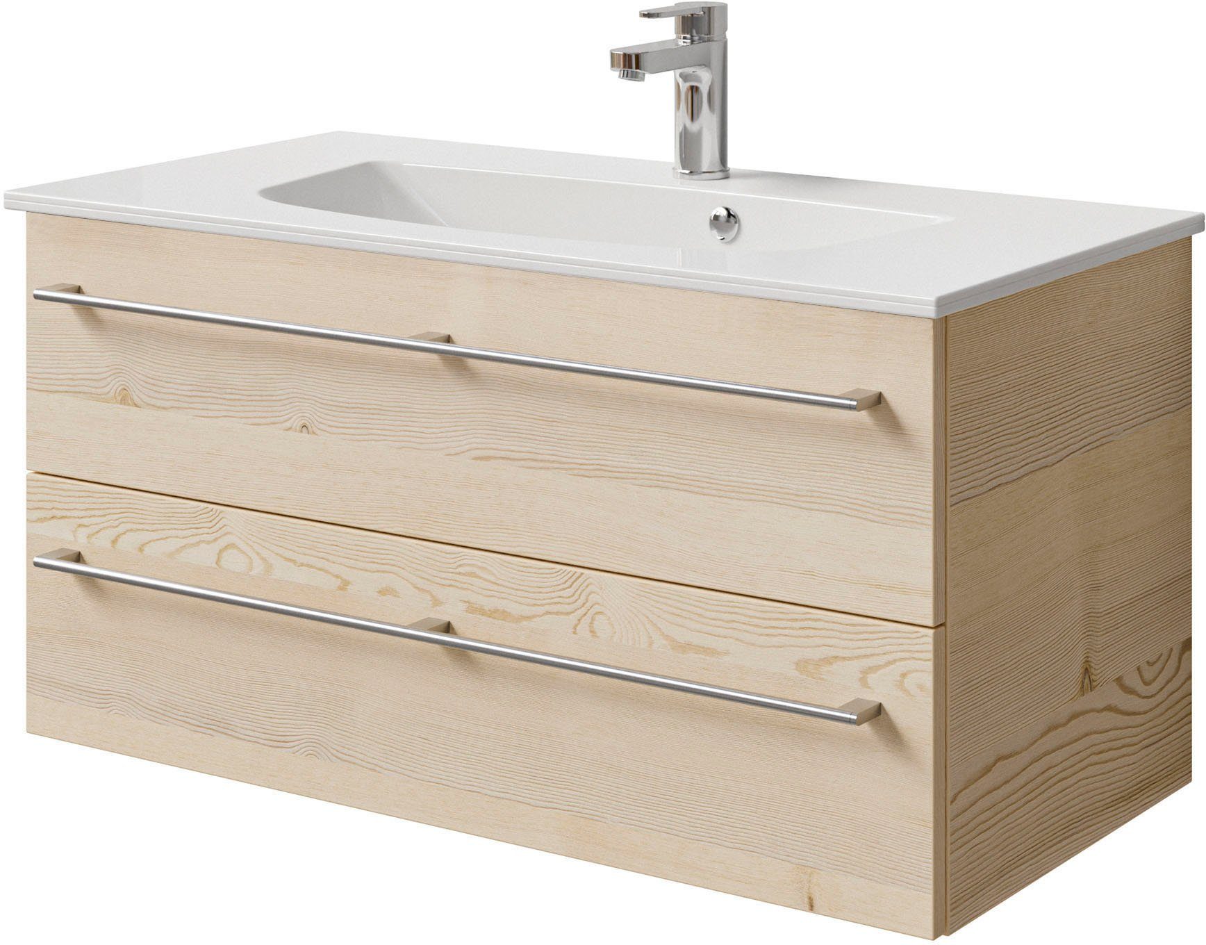 Saphir Wastafelonderkast Serie 6025 mineraalmarmeren wastafel met onderkast, 97 cm breed (2-delig) wastafelmeubels bruin