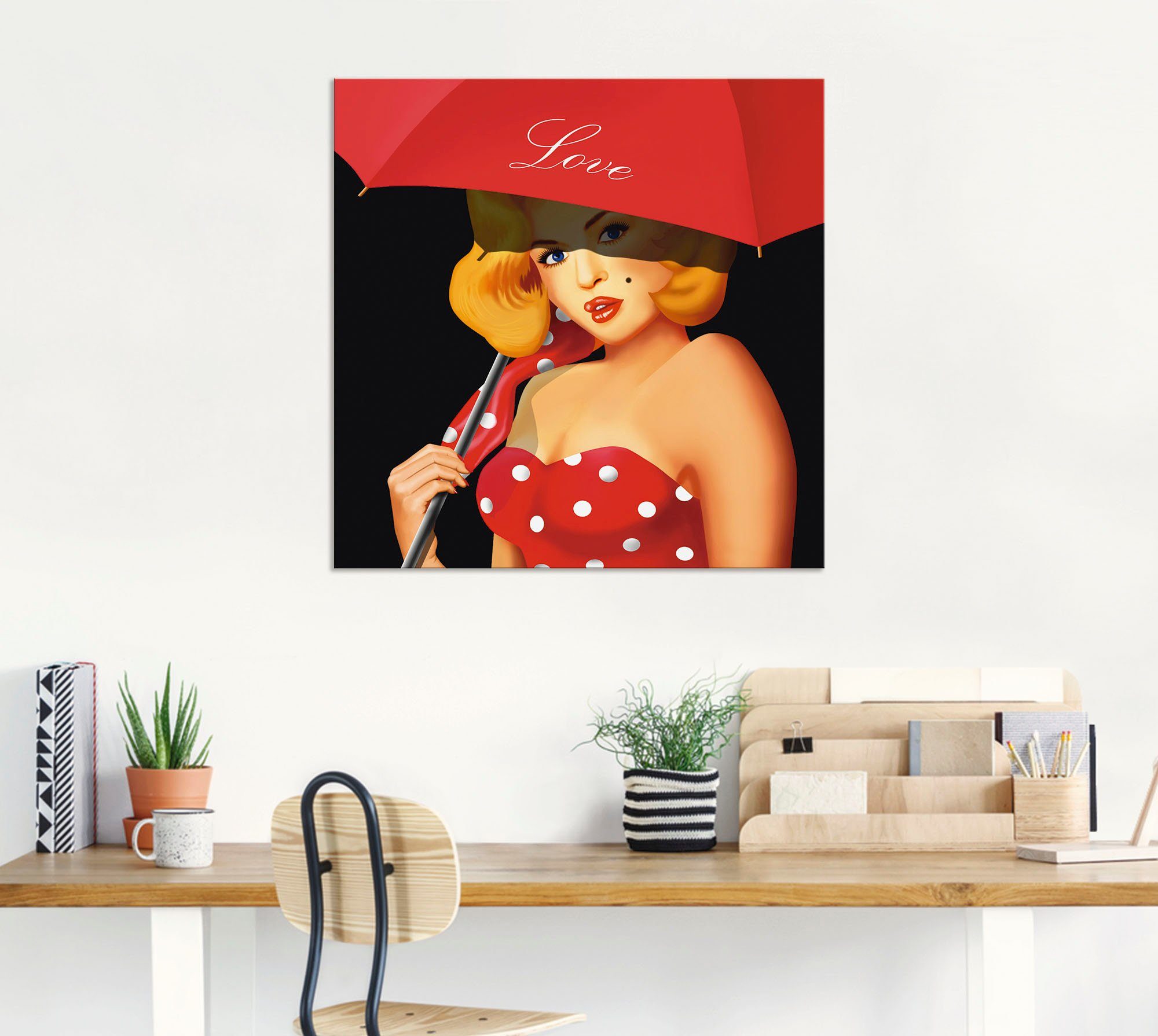 Artland Artprint Pin-upgirl onder rode paraplu als artprint van aluminium, artprint voor buiten, artprint op linnen in verschillende maten