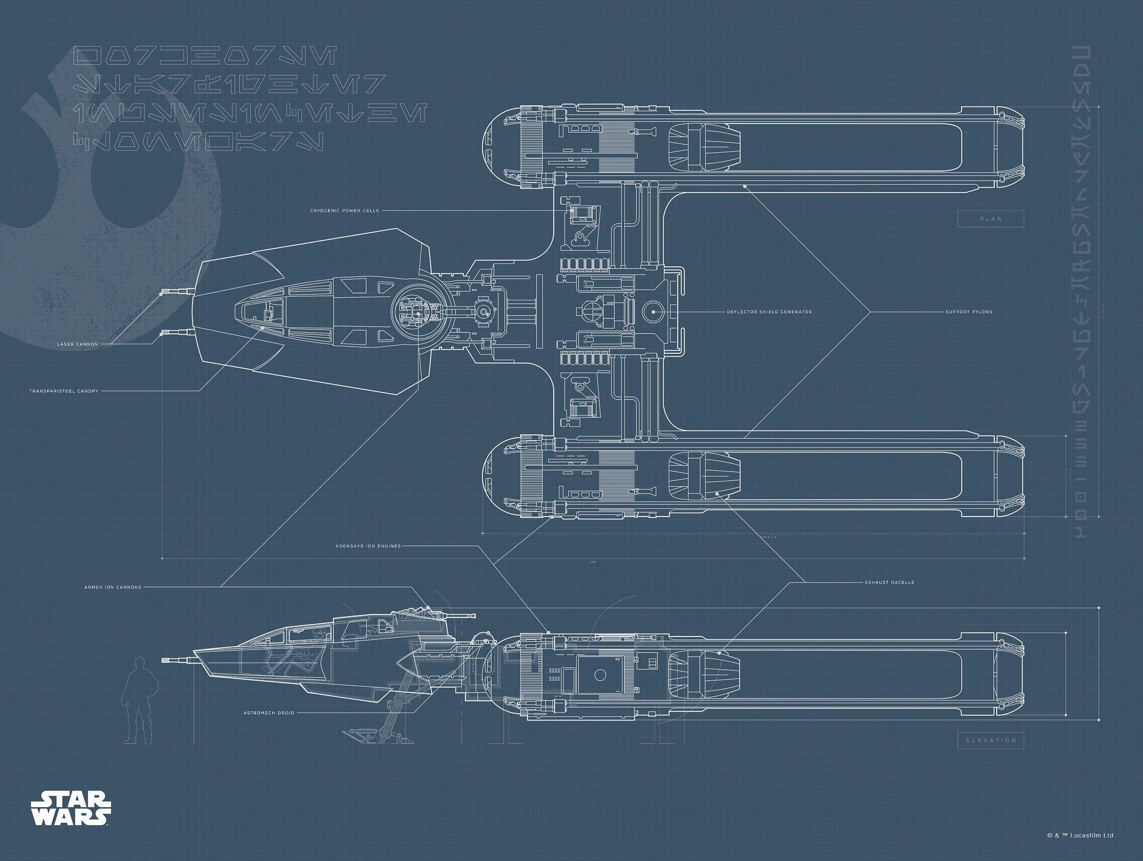 Komar wanddecoratie Star Wars EP9 Blueprint Y-Wing, zonder lijst