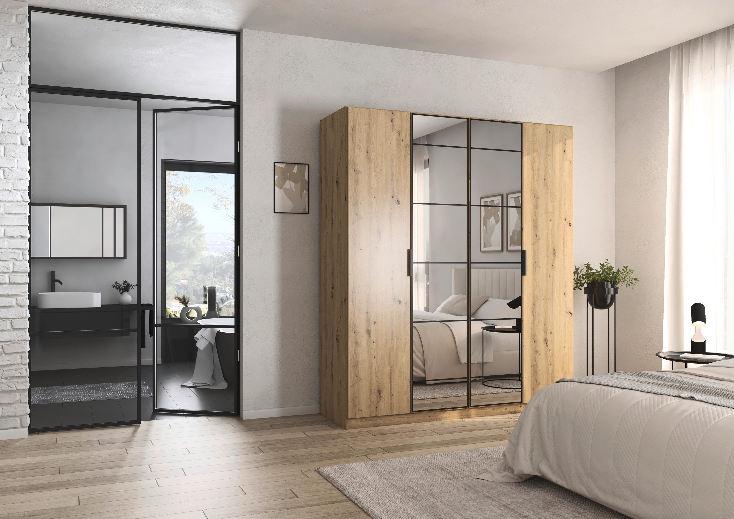 rauch Draaideurkast Kledingkast Kast Garderobe Slaapkamerkast ACERO Middeldeuren met spiegel in moderne loft-look MADE IN GERMANY