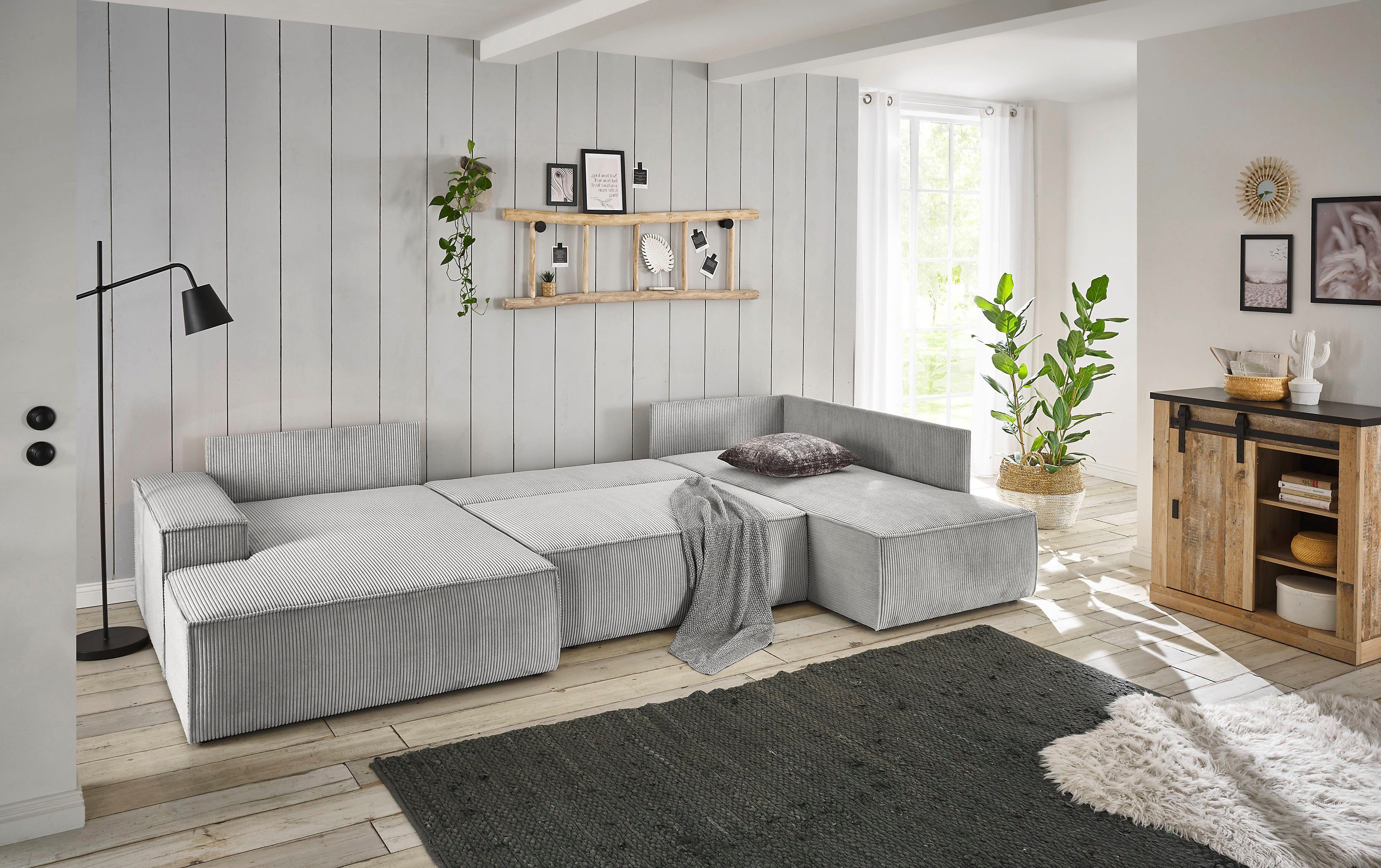 Home affaire Zithoek SHERWOOD 329 cm, U-vorm, slaapbank, Slaapfunctie met bedkist (194x139 cm), cord, vintage, fluweel
