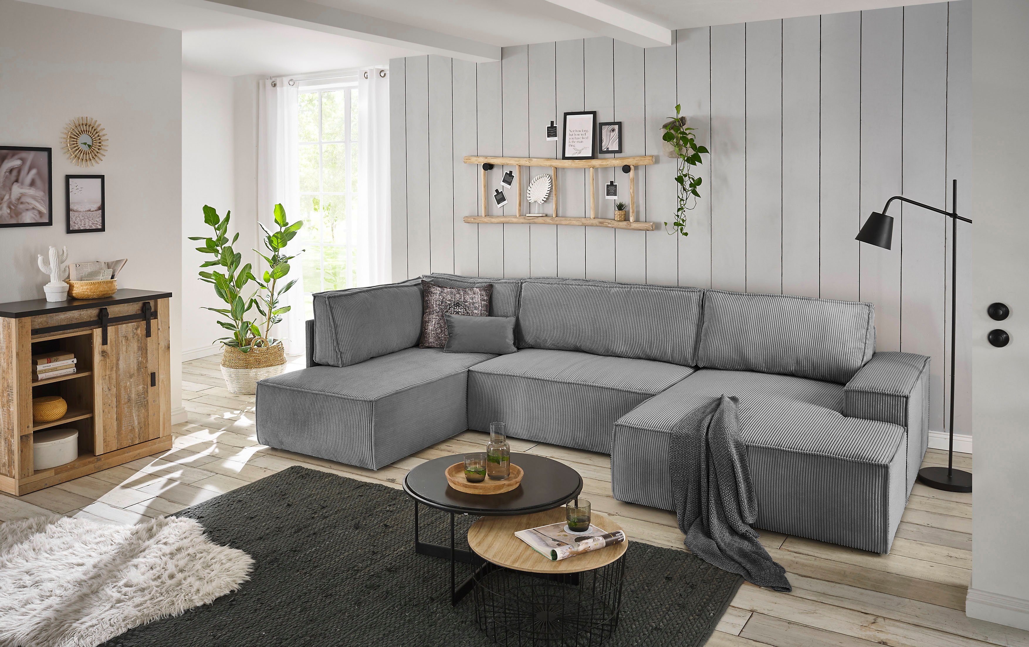 Home affaire Zithoek SHERWOOD 329 cm, U-vorm, slaapbank, Slaapfunctie met bedkist (194x139 cm), cord, vintage, fluweel