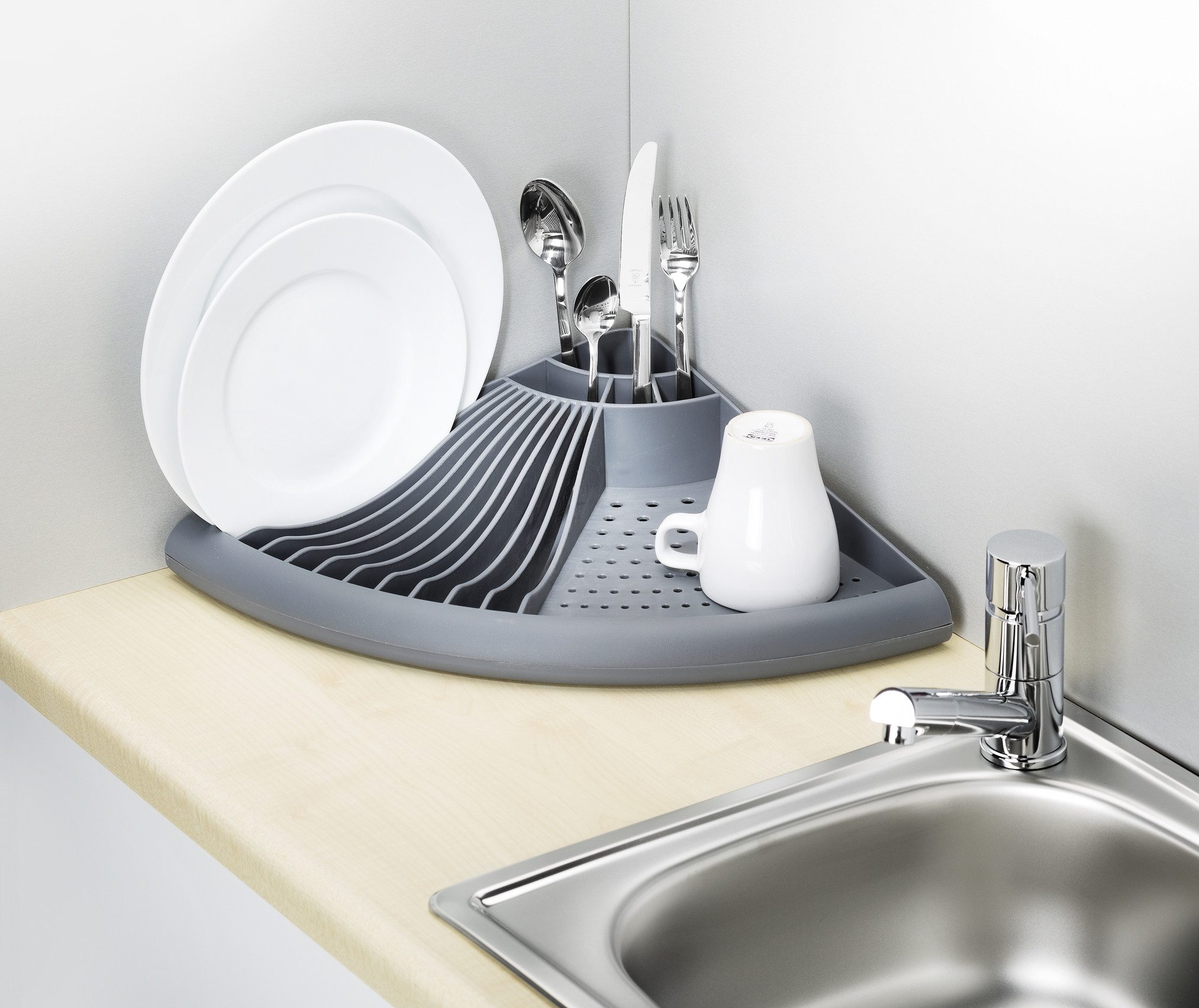 WENKO Afdruiprek Model Cornio Afwasrek speciaal voor keukenohoeken, afneembare opvangbak (set, 2-delig)