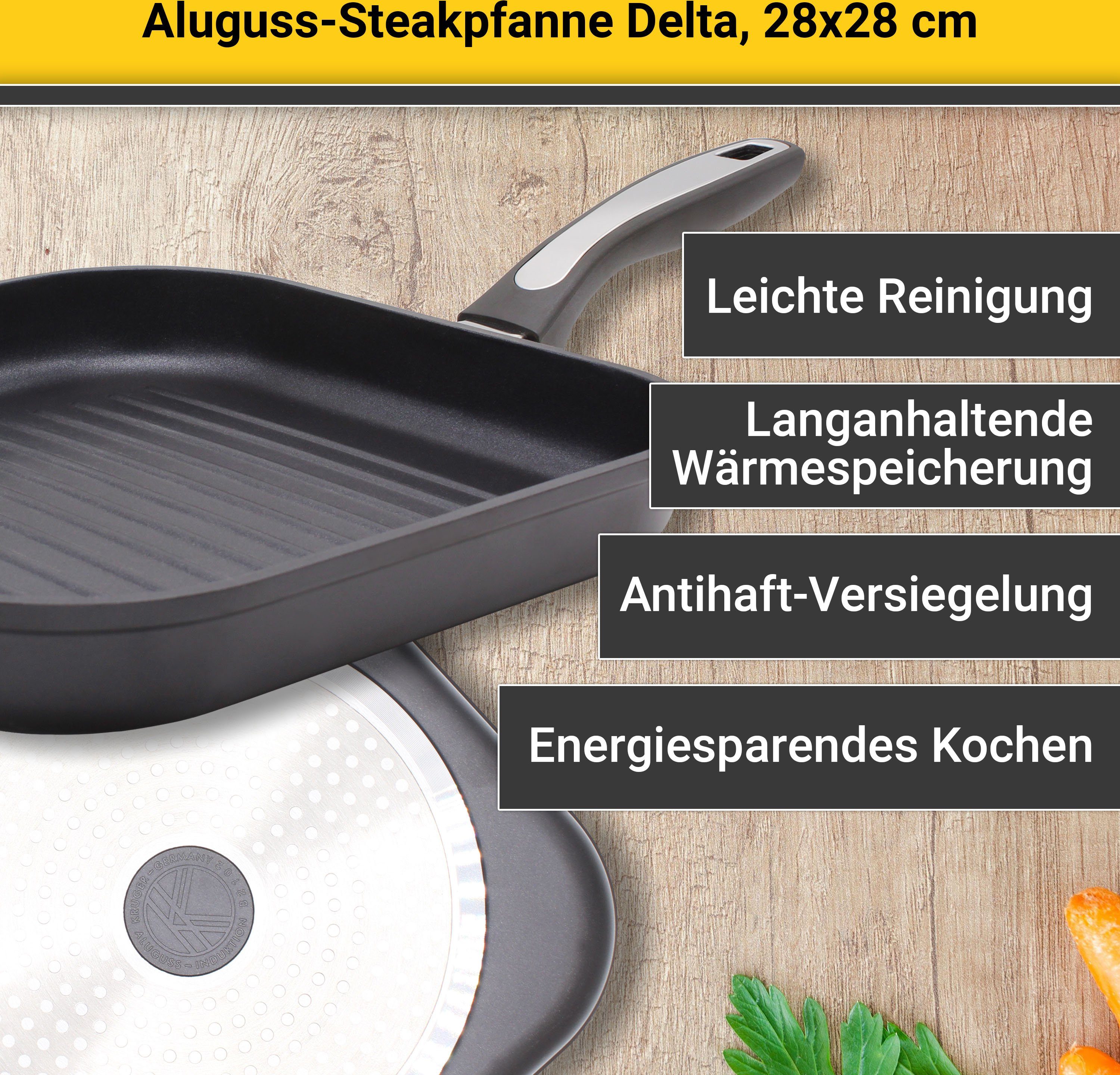Krüger Steakpan Gietaluminium grill-steakpan delta, 28x28 cm (1-delig)
