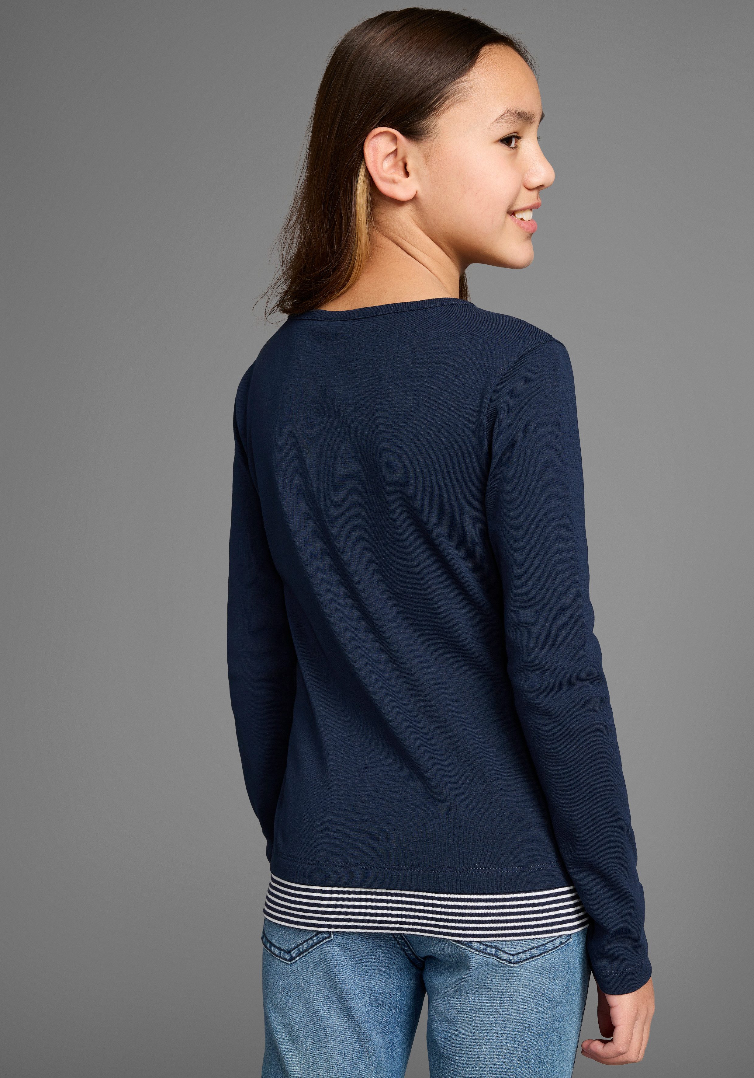 KangaROOS Shirt met lange mouwen Ribshirt in lagenlook modieuze halslijn-details