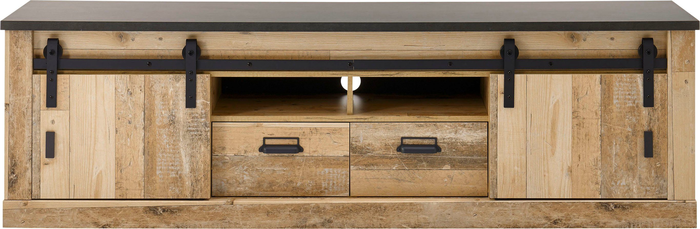 Home affaire Tv-meubel Sherwood modern houtdecor, met schuurdeurbeslag van metaal, breedte 201 cm