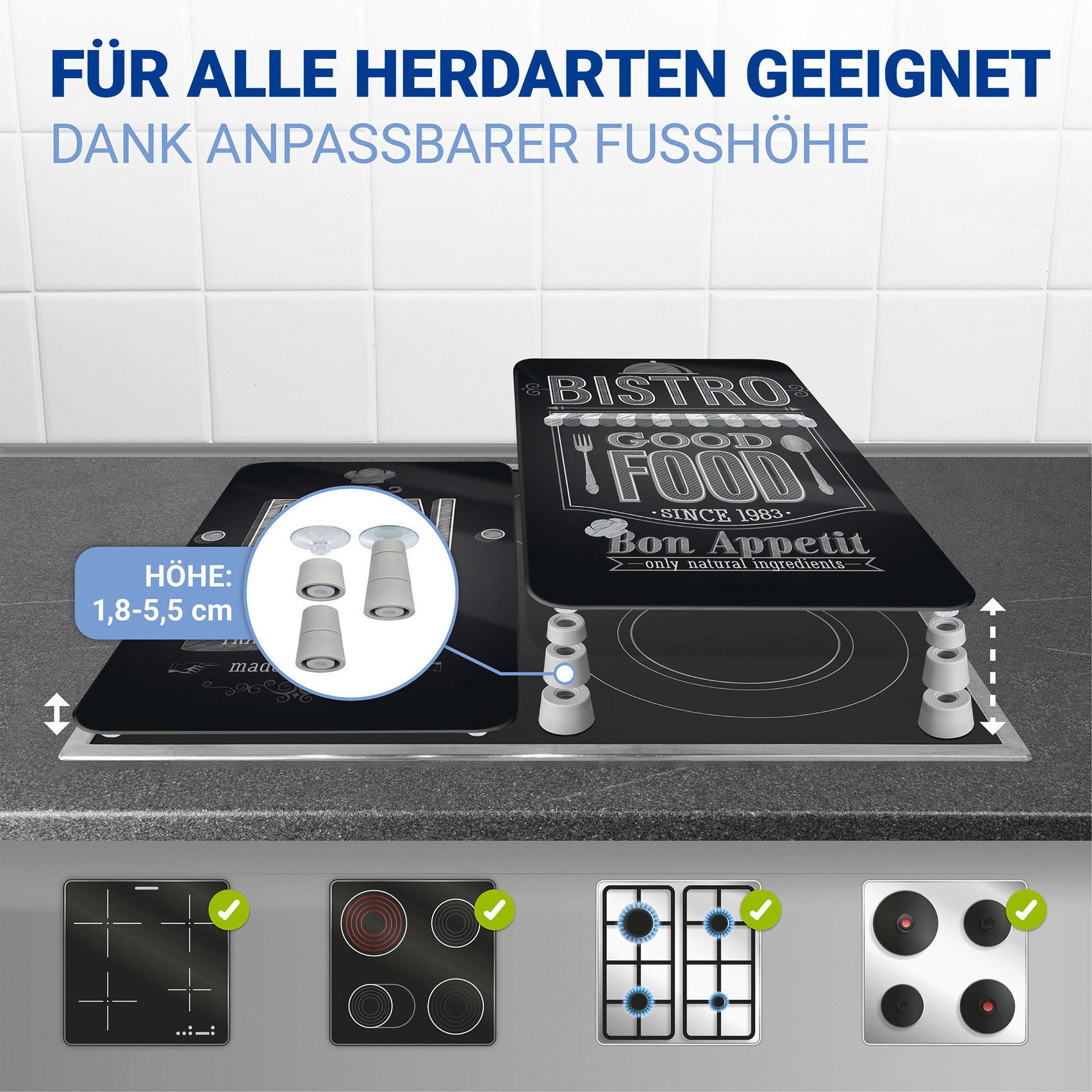 WENKO Kookplaatdeksel Universeel model Bon Appetit Kookplaatafdekking voor alle soorten kookplaten, krasvast, met antislipvoetjes (set, 2-delig)