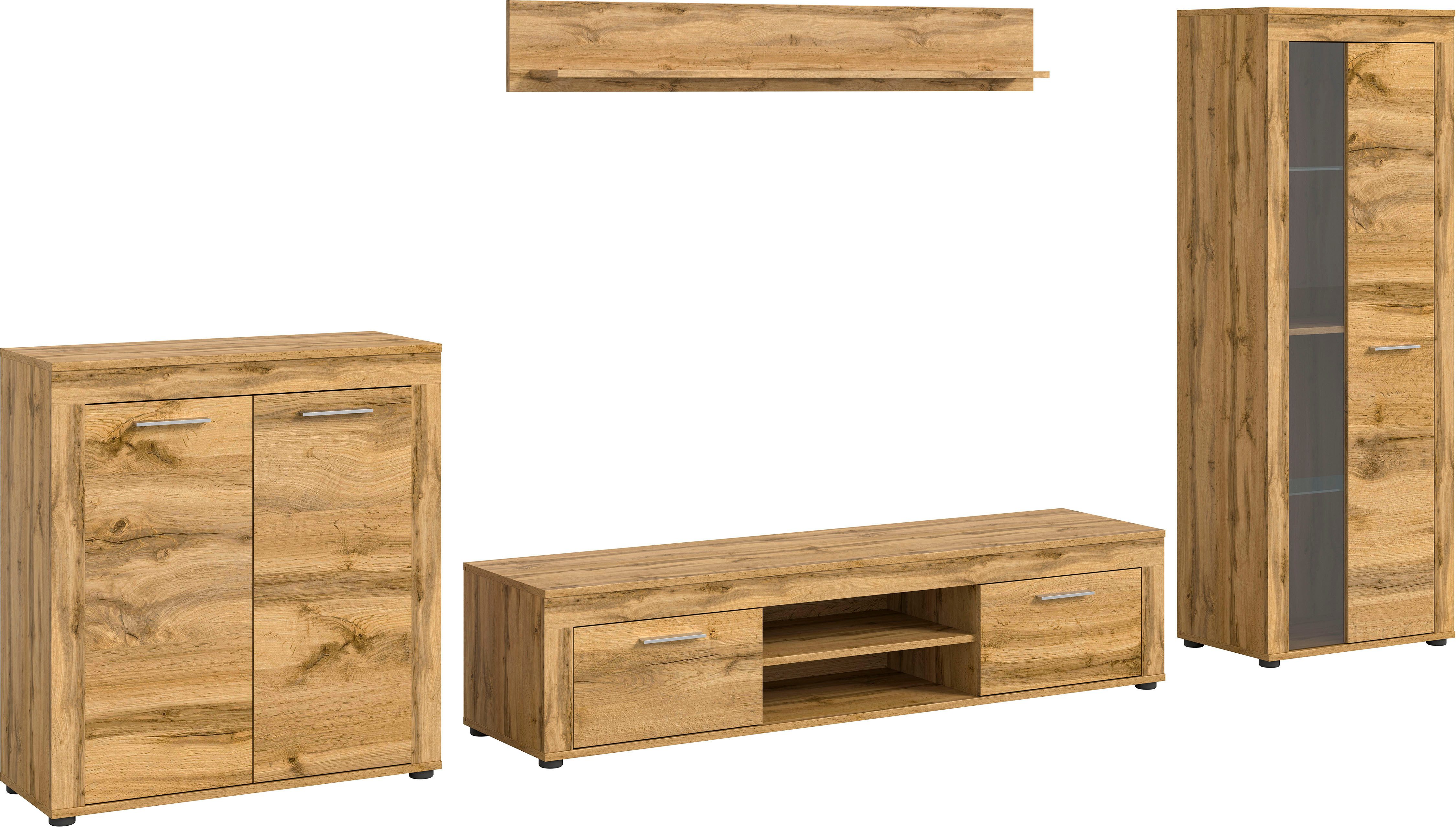 INOSIGN Woonkamerset Aosta, Breedte 330cm, bestaand uit Highboard, Lowboard, Wandplank, Vitrine