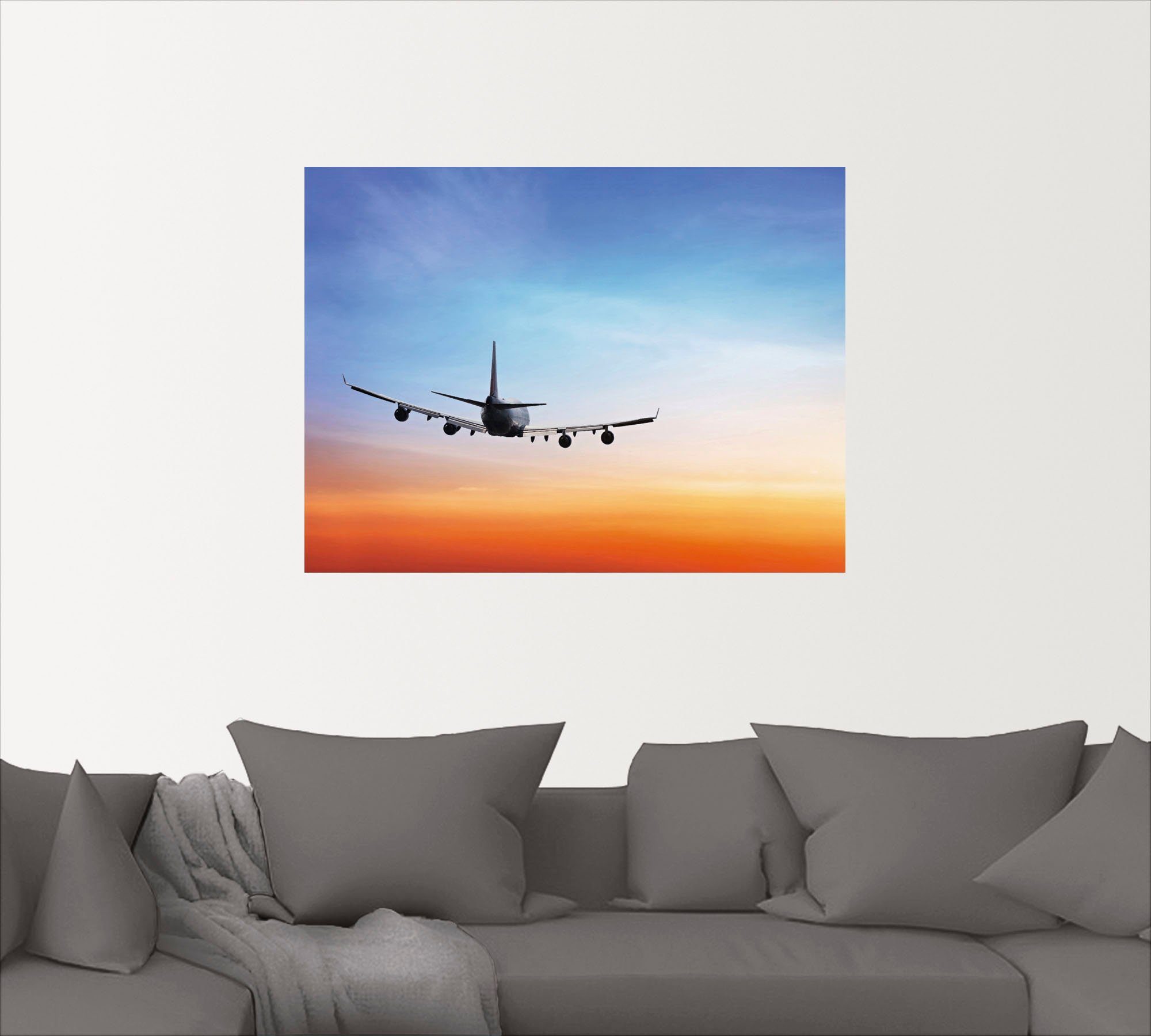Artland Artprint Vliegtuig voor oranje/blauwe avondhemel als artprint op linnen, muursticker in verschillende maten