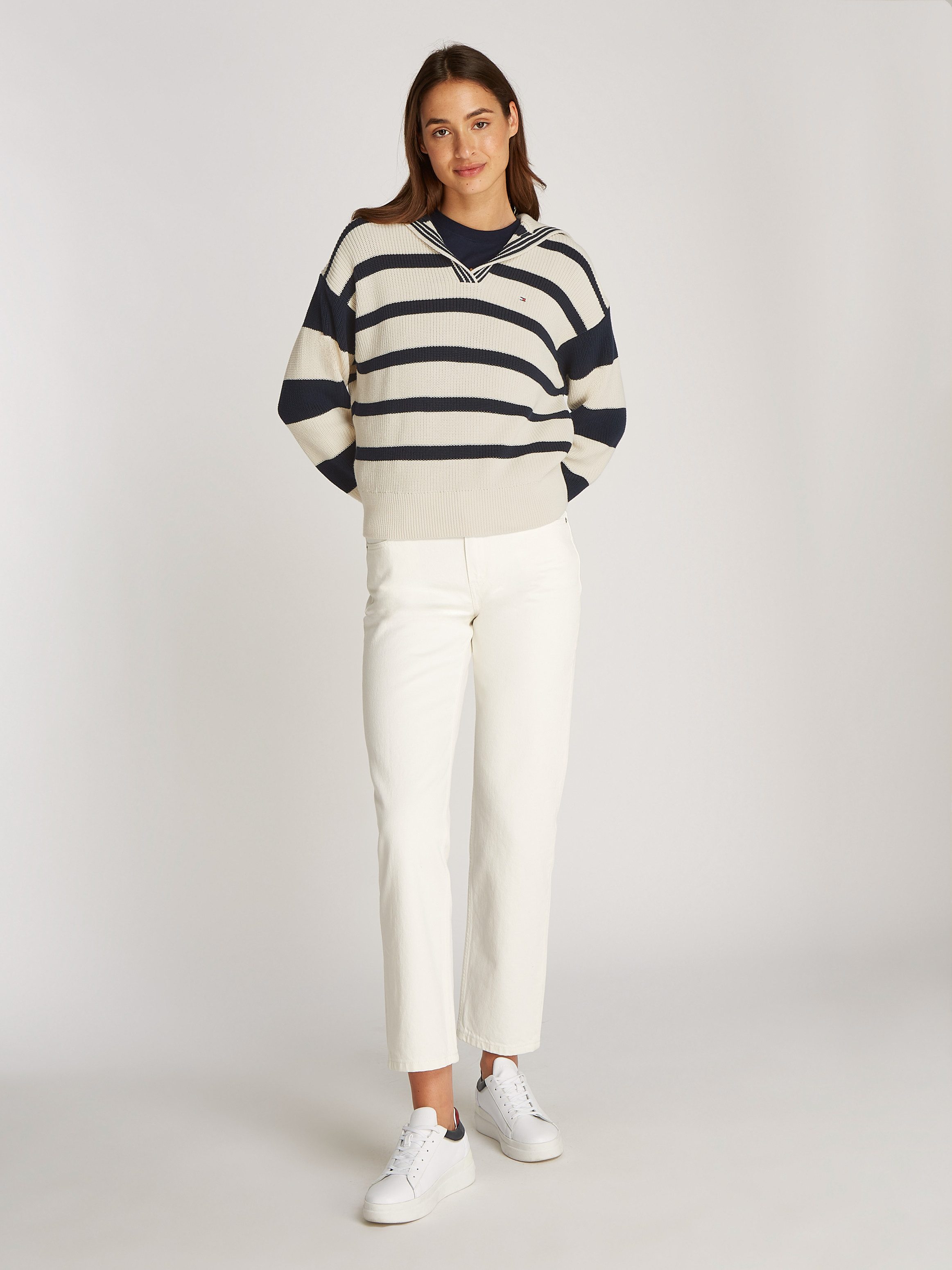 Tommy Hilfiger Trui met polokraag CO CARDI STITCH OPEN POLO SWT LS met parelvangpatroon polokraag logo-borduursel