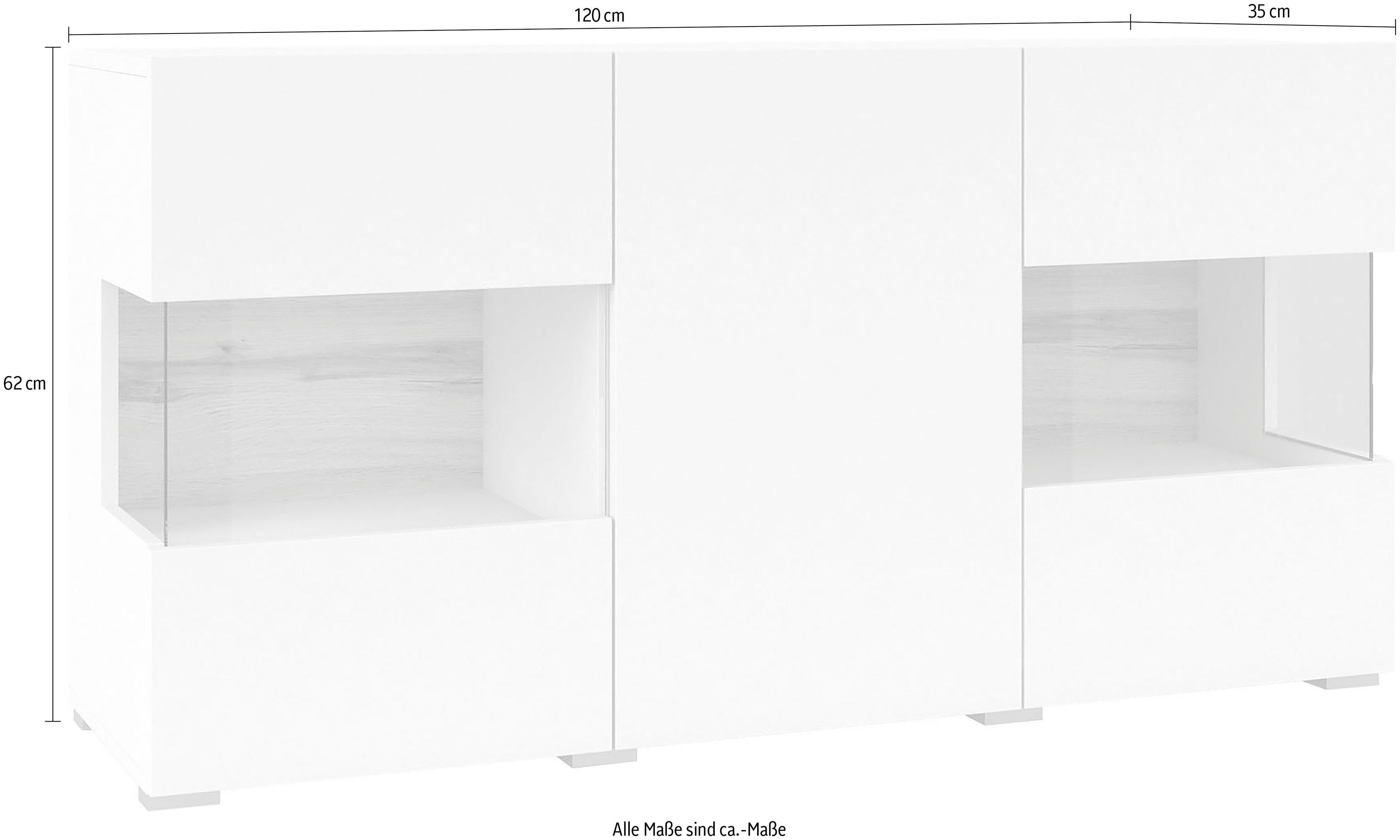 INOSIGN Dressoir Ava, breedte 120 cm, hangend en staand te monteren moderne grepless commode, buffet, 3 deuren, hoekverglasingen