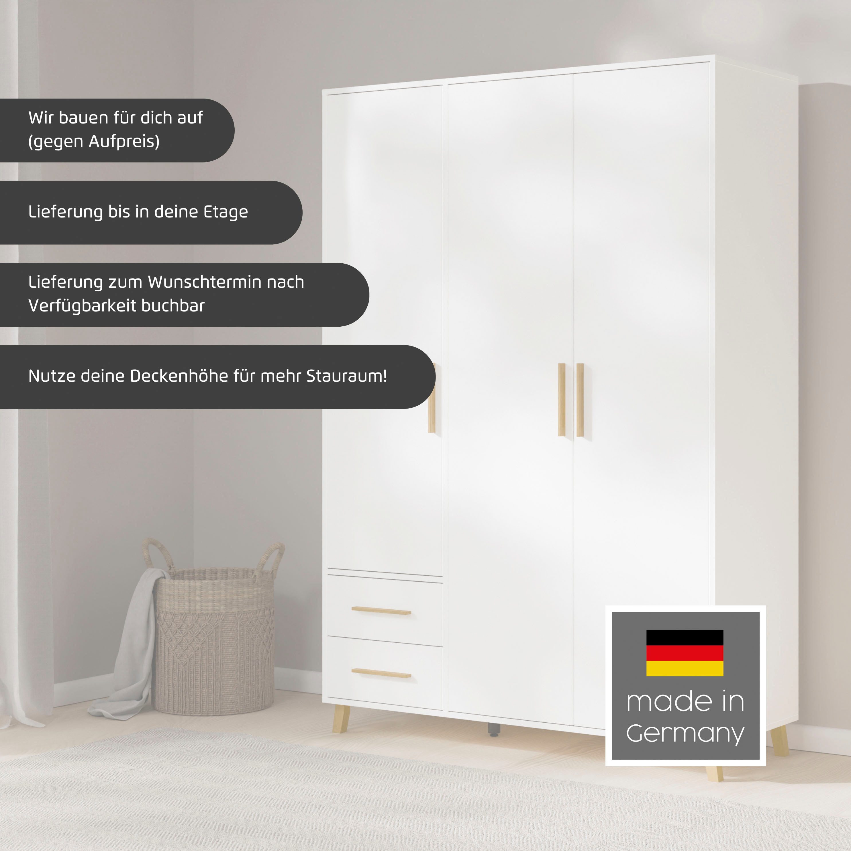 rauch Draaideurkast Kledingkast kast garderobe waskast SHINJO Grepen en voeten van massief hout met 2 lades MADE IN GERMANY
