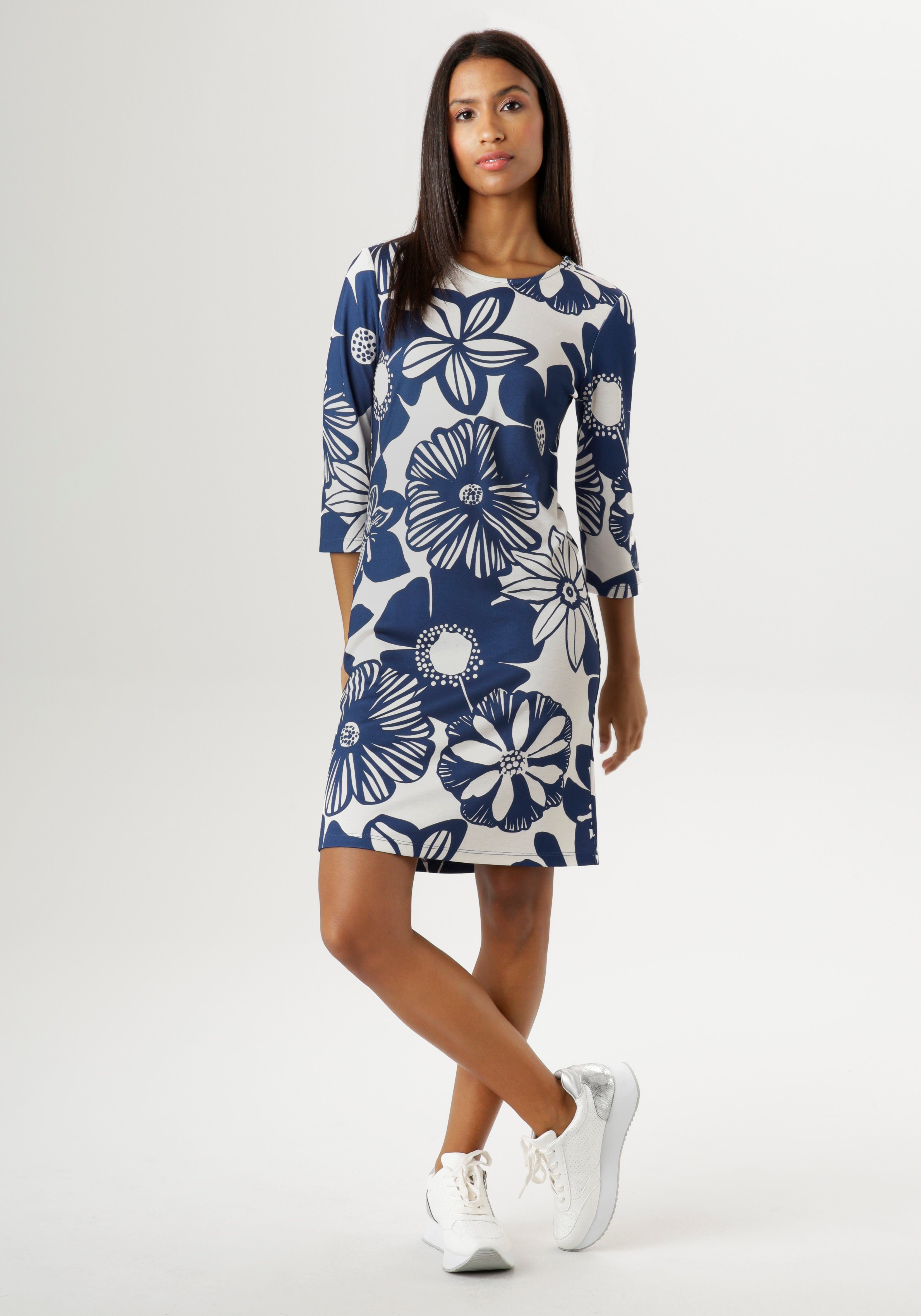Aniston SELECTED Jerseyjurk met grote bloemenprint - elk stuk is uniek dames jerseyjurken maat 42 blauw