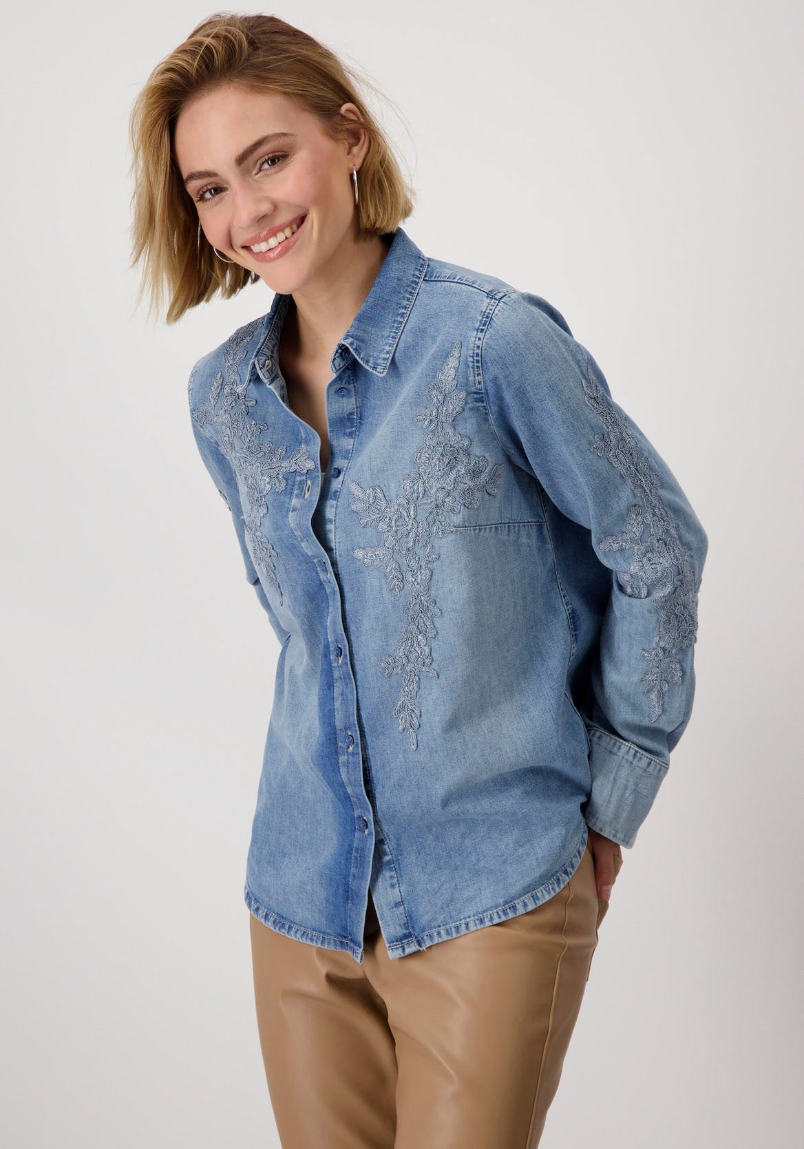 Monari Jeans blouse Blouse jeans met kant