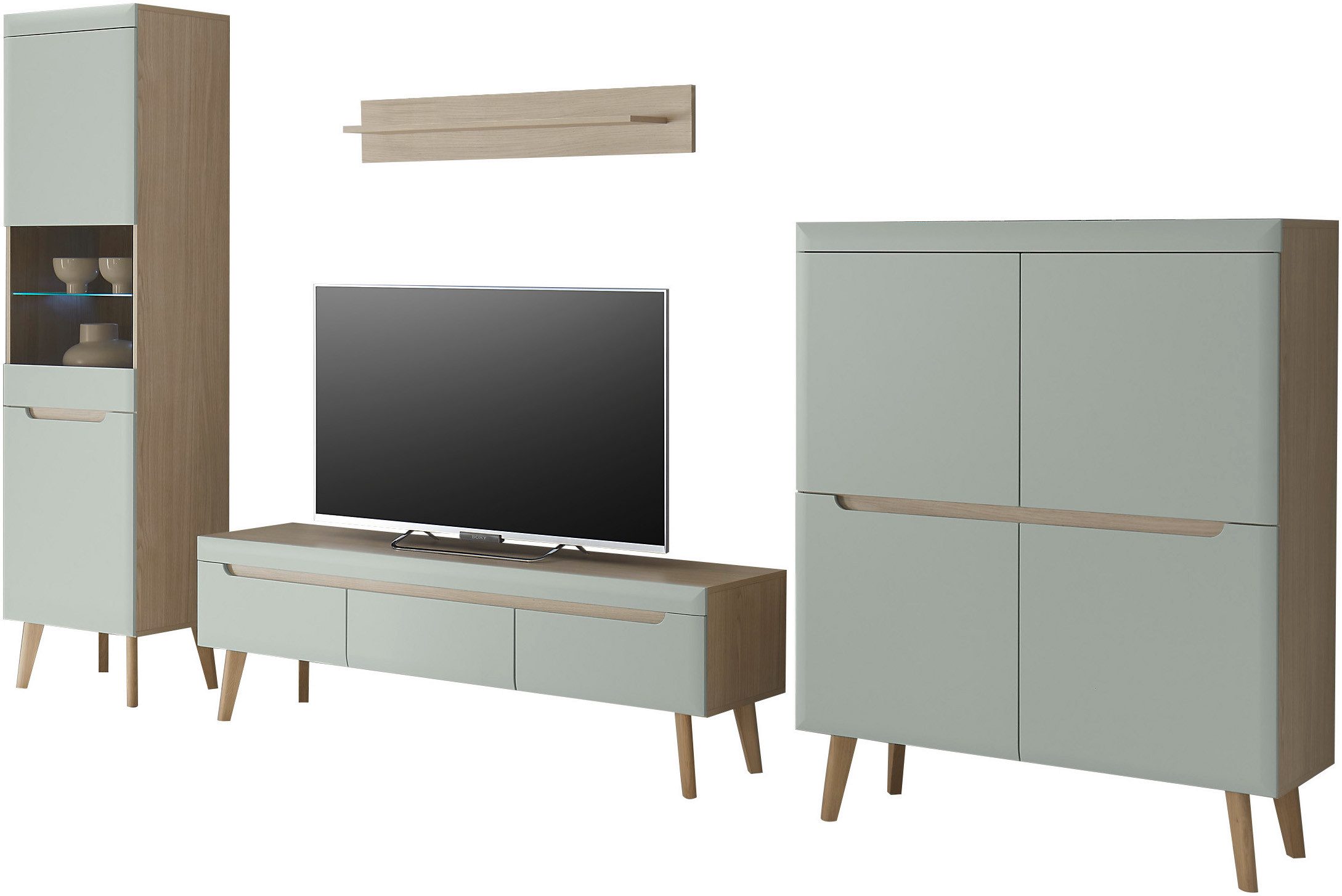 INOSIGN Wandmeubel Torge, wandmeubel, kastwand, mediawand, woonkamer-set bevat 1 vitrine, 1 lowboard, 1 highboard + 1 wandplank, 360 cm breed (set, 4-delig)