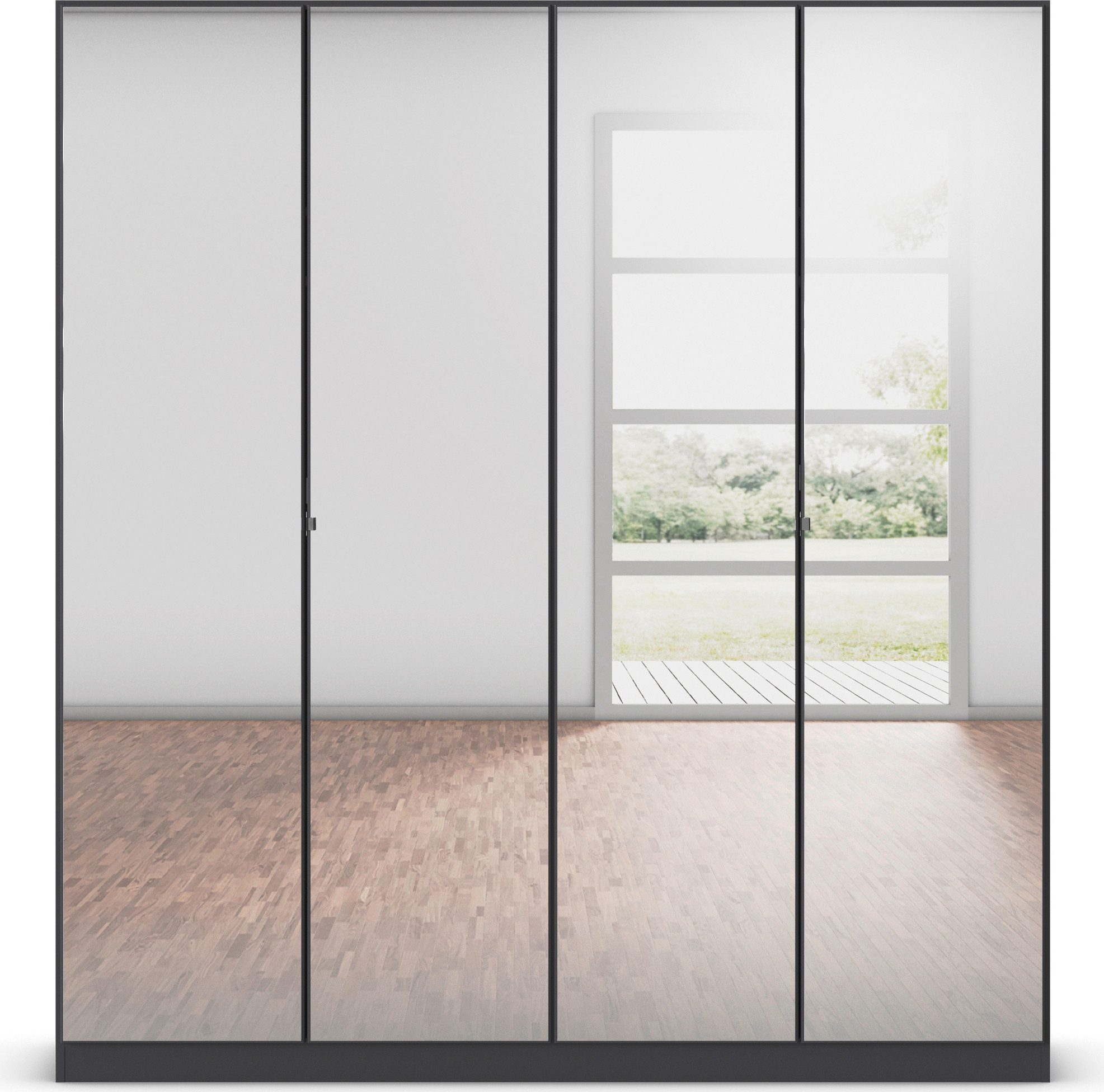 rauch Draaideurkast Reflect met spiegelfront, inclusief praktische interne indeling en stoffen dozen-set