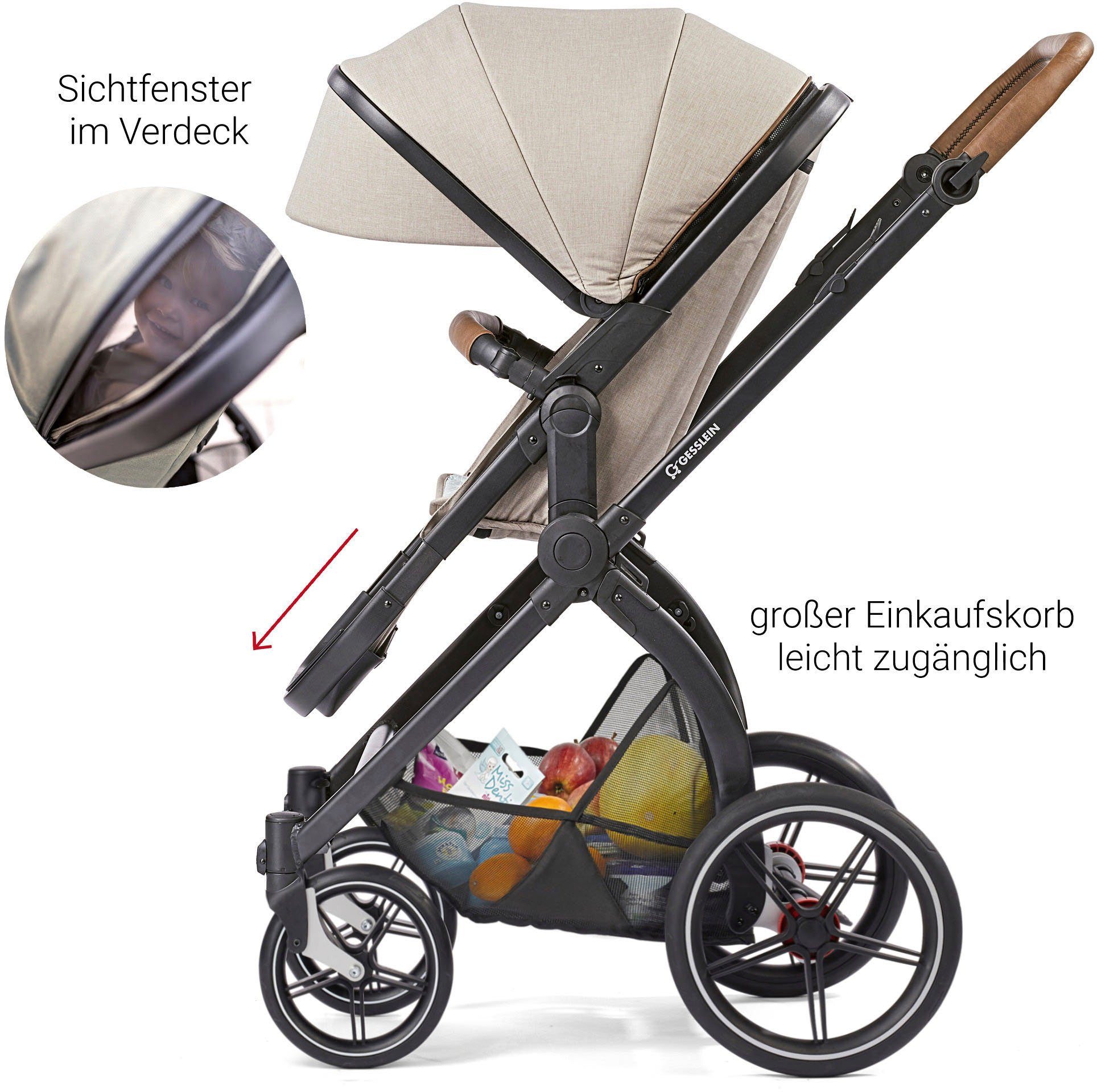 Gesslein Combi-kinderwagen FX4 Soft+ met opzetstuk Life, zwart/cognac, donker olijf