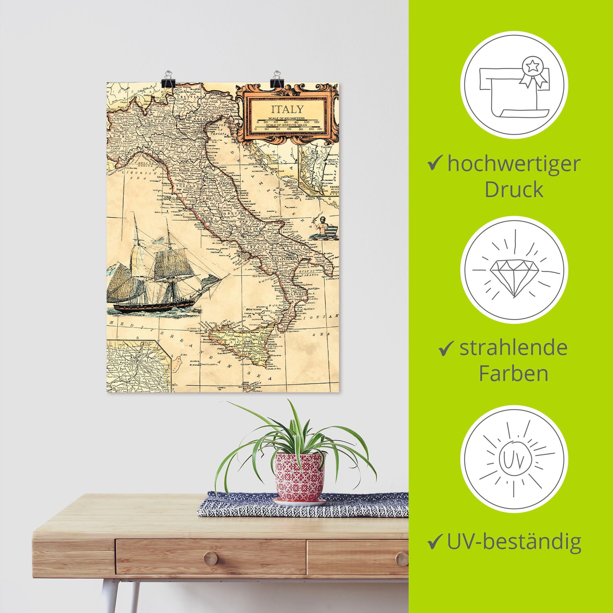 Artland Artprint Italië kaart als artprint op linnen, poster in verschillende formaten maten
