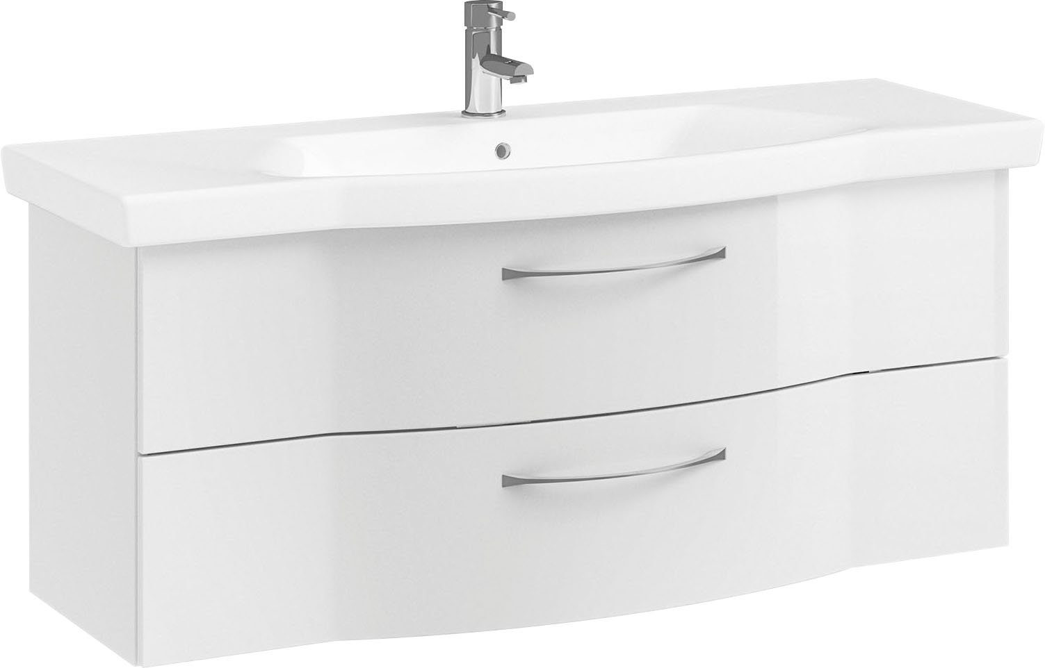 Saphir Badkamerserie 6005 sprint keramiek-wastafelonderkast met led-spiegelkast, 122 cm breed Wastafelmeubel inclusief deurdemper, 3 deuren, 2 laden, wastafelonderkast set (2-delig)