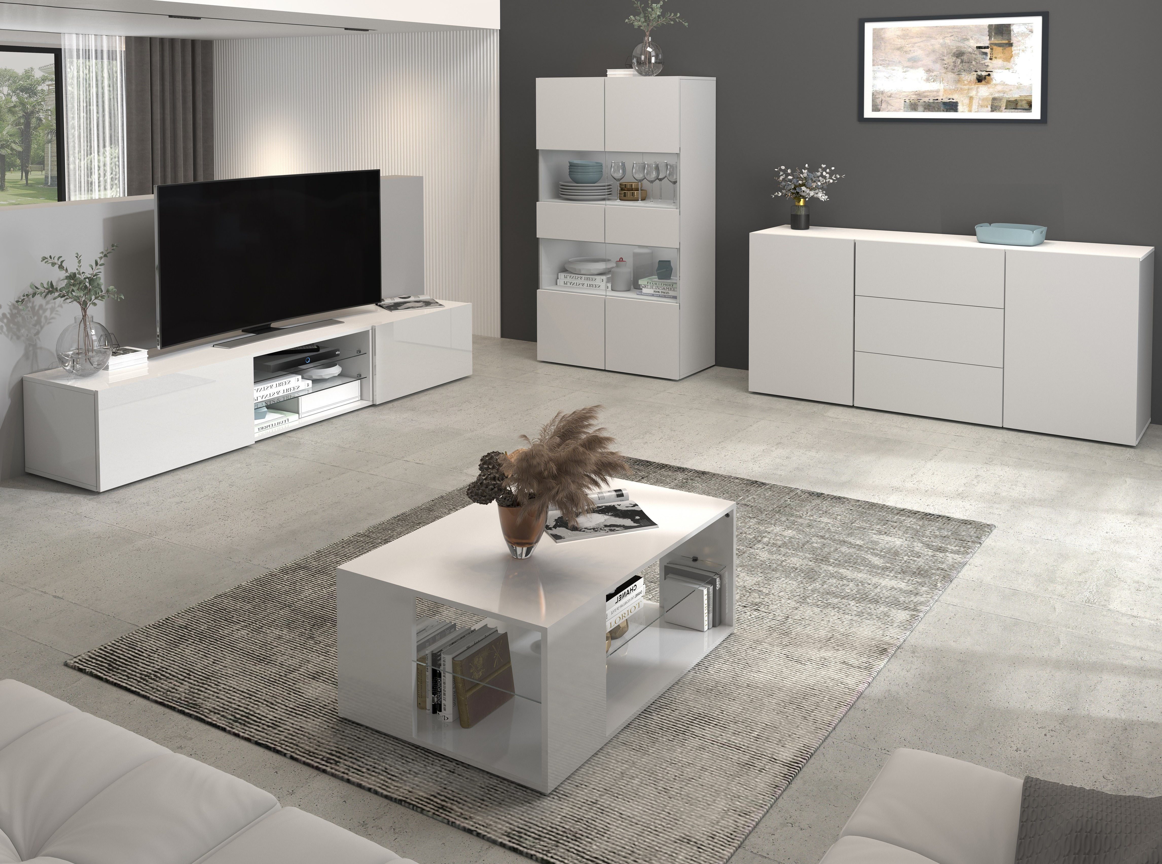 INOSIGN Tv-meubel Egypt, Lowboard, TV-ladekast, TV-meubel, TV-bank met 2 kleppen, 2 glazen planken, volledig hoogglans gelakt (b/d/h) 240x38x35 cm