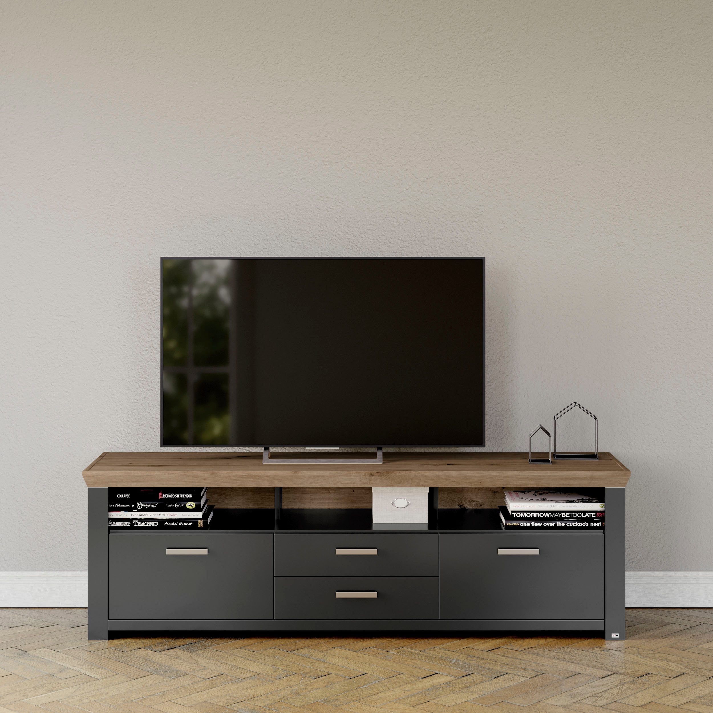 set one by Musterring Tv-meubel York Type 35, met 4 laden, verlichting optioneel, breedte 200 cm lowboards grijs