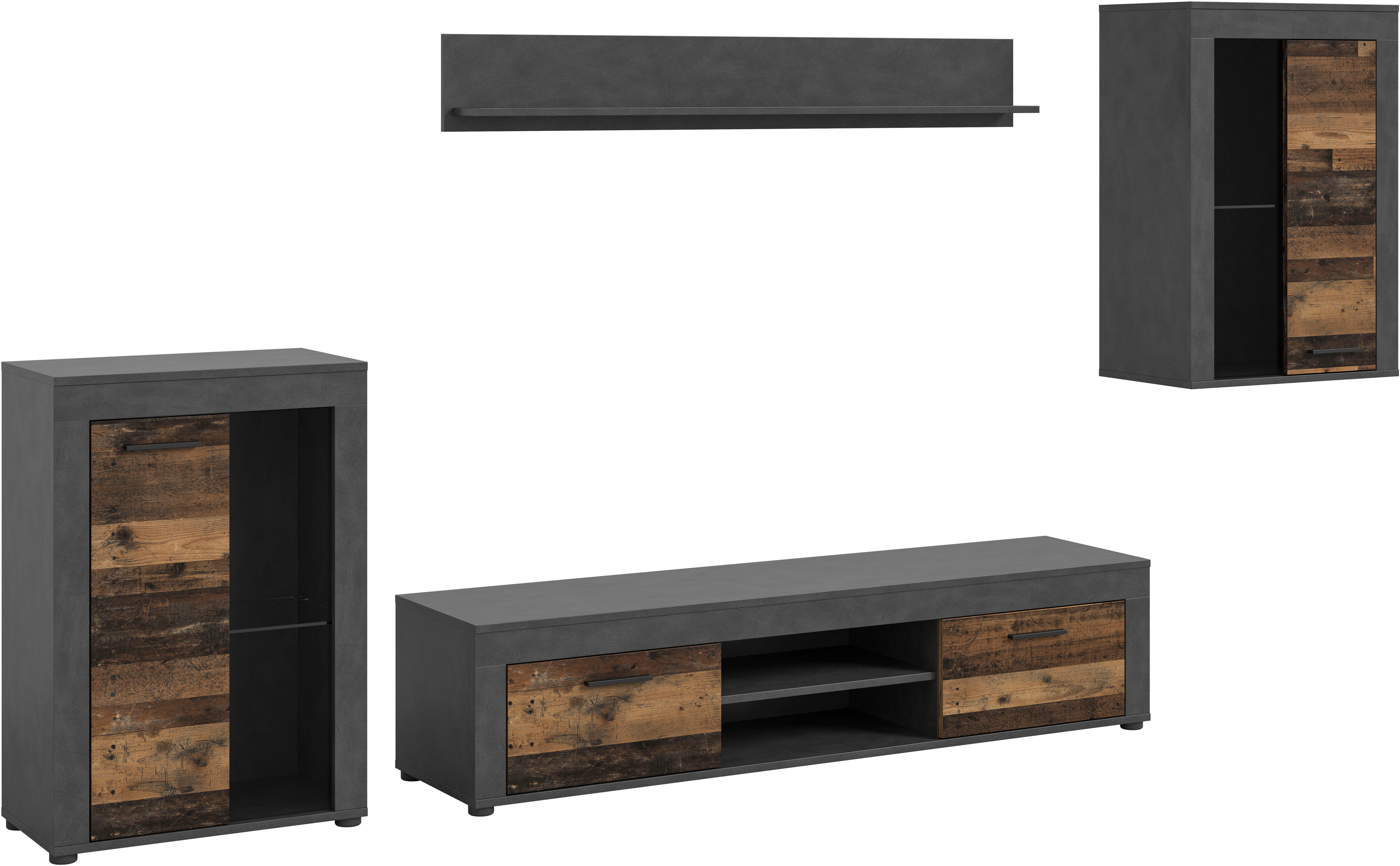 INOSIGN Wandmeubel Aosta, 4-delig, bestaande uit: 2x vitrinekast, lowboard & wandplank (4-delig) tv-wandmeubels grijs