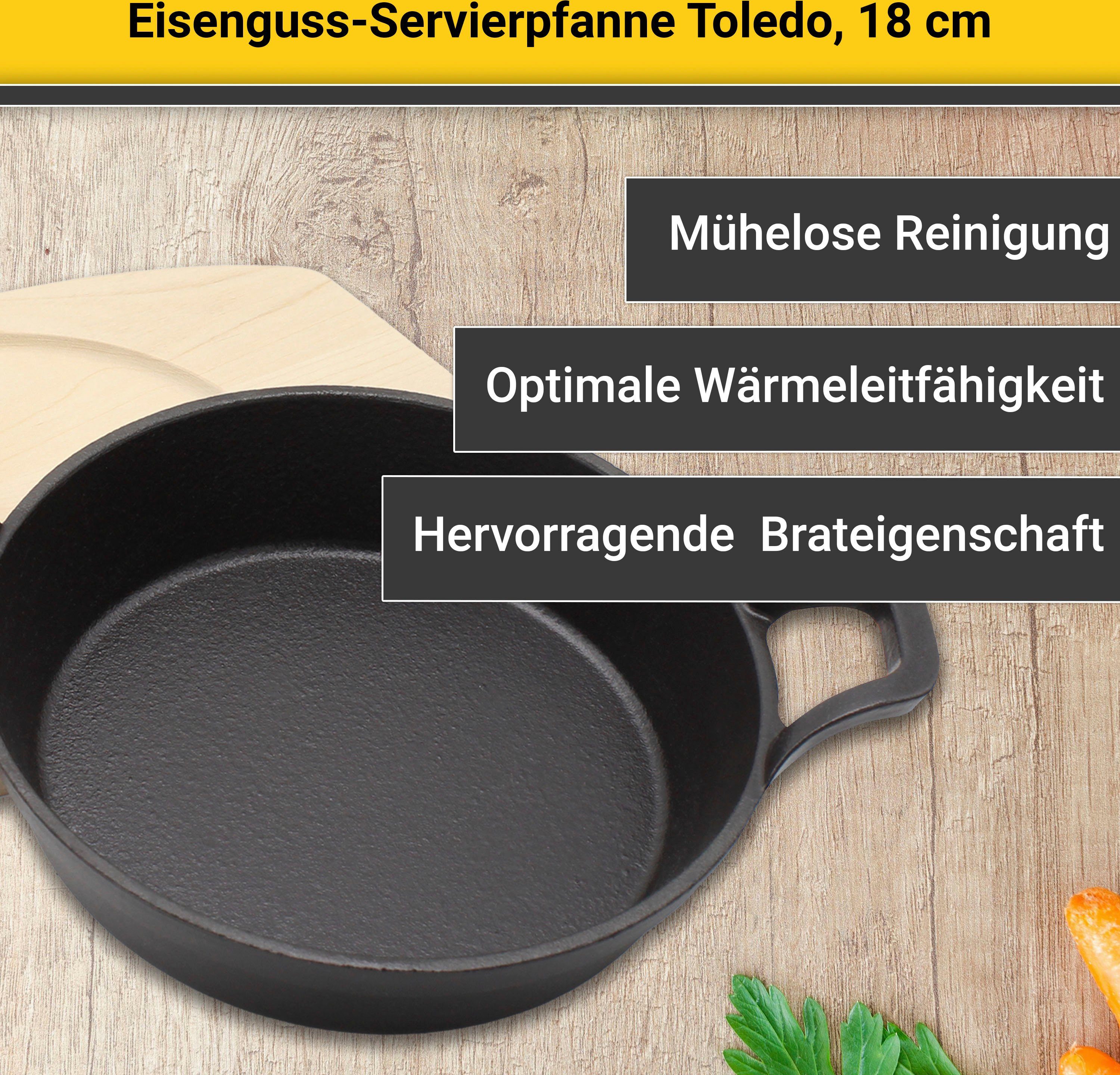 Krüger Serveerpan Gietijzeren braad- en serveerpan met houten bord TOLEDO, 18 cm (1-delig)