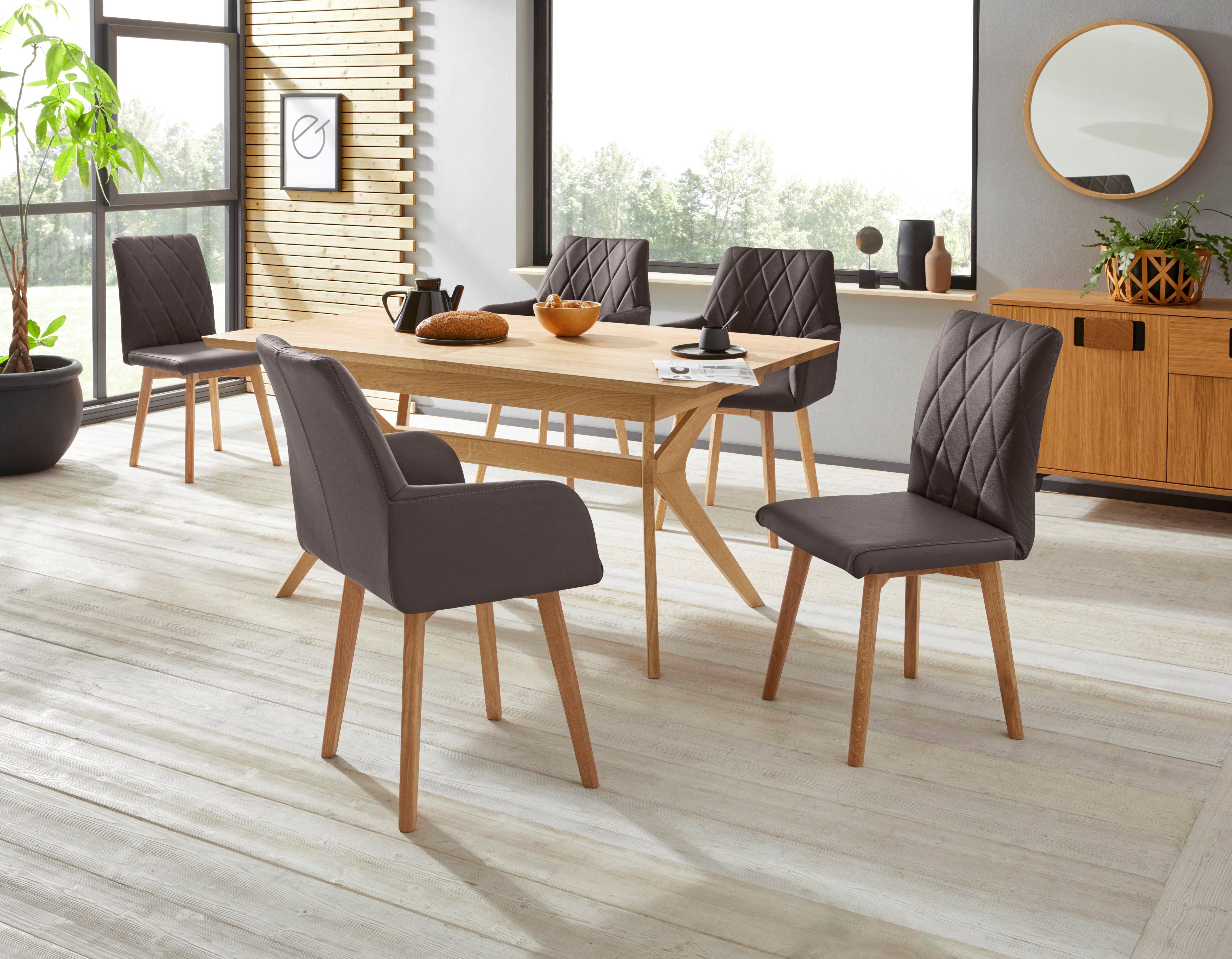 Home affaire Eetkamerstoel Brest Fauteuil in leer of microvezel, geolied massief eiken frame (2 stuks)