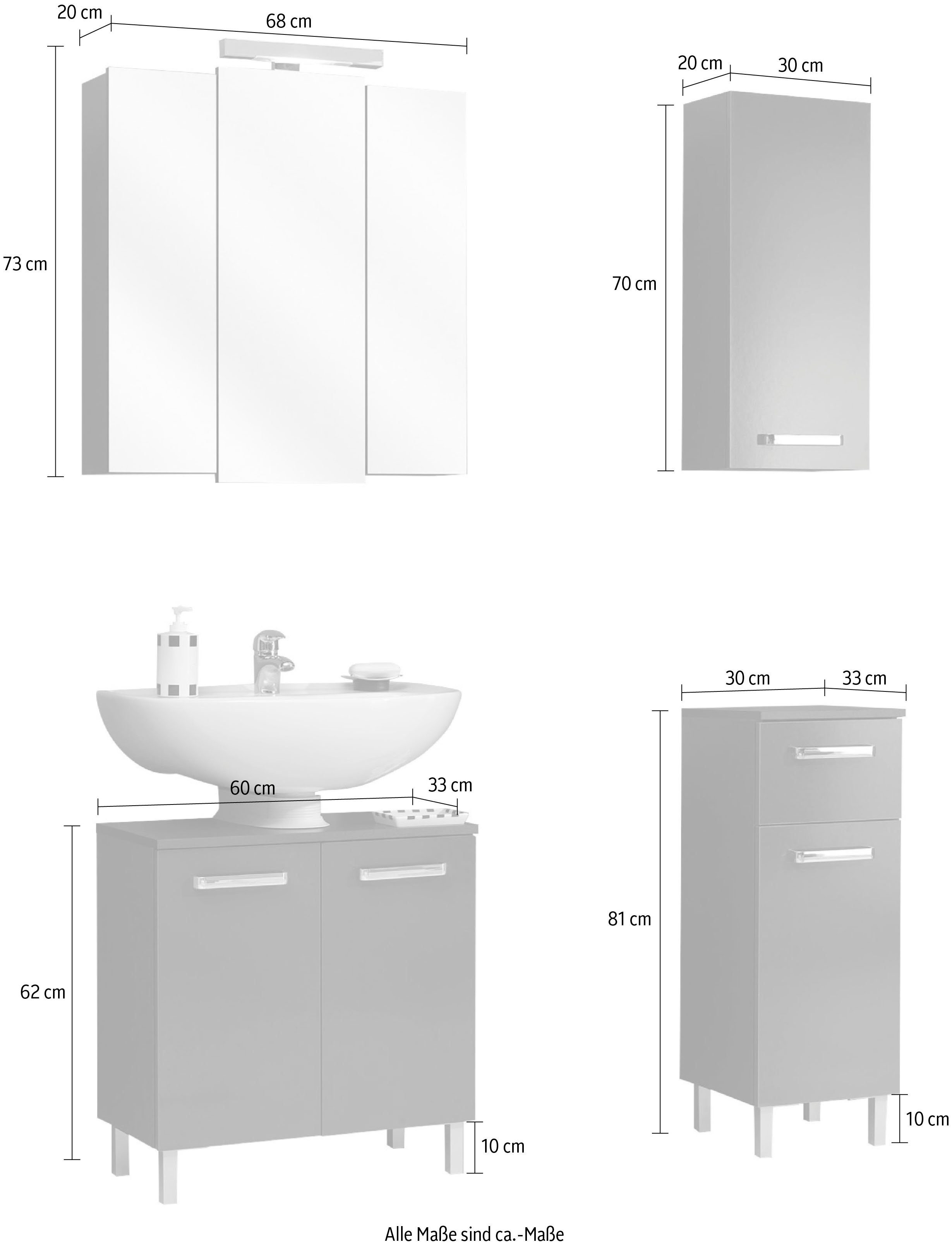Saphir Badkamerserie Quickset 4-delig, wastafelonderkast met led-spiegelkast Onderkast, hangkast, incl. deurdempers, grepen chroom glans (4-delig)