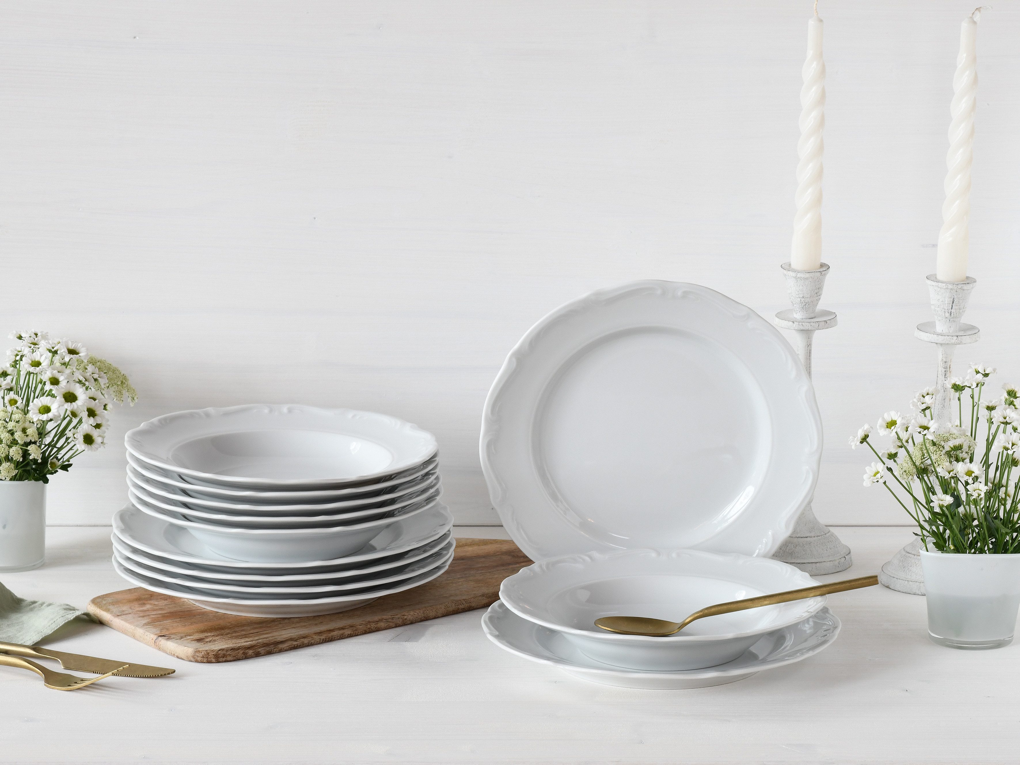 CreaTable Eetservies Servies-set Maria Theresia Serviesgoed, bord set, wit, 12 delen, voor 6 personen (set, 12-delig)