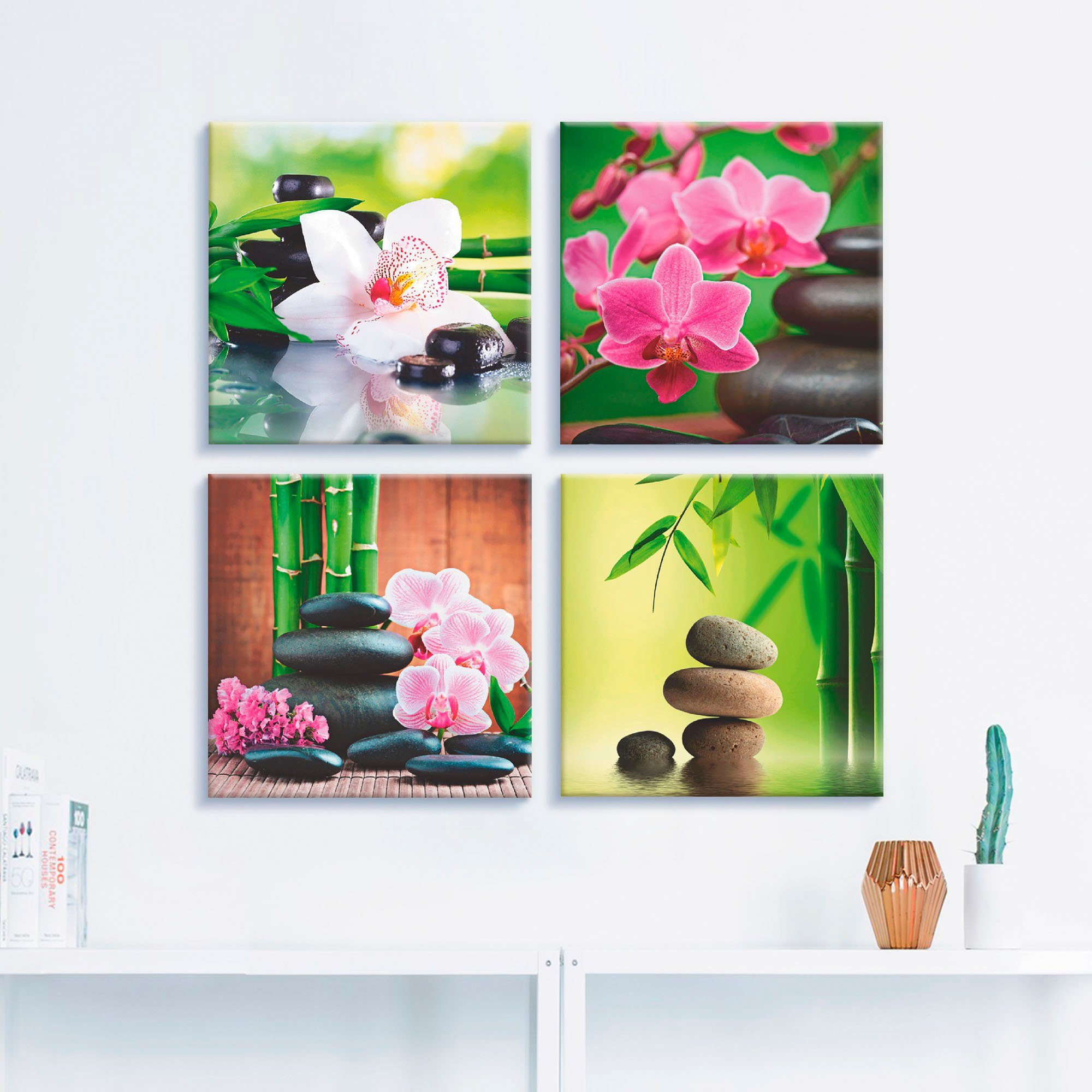 Artland Artprint op linnen Spa bamboe takjes zen stenen set van 4, verschillende maten (4-delig)