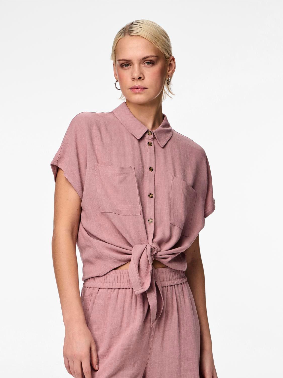 Pieces Blouse met korte mouwen PCVINSTY SS LINEN TIE SHIRT NOOS