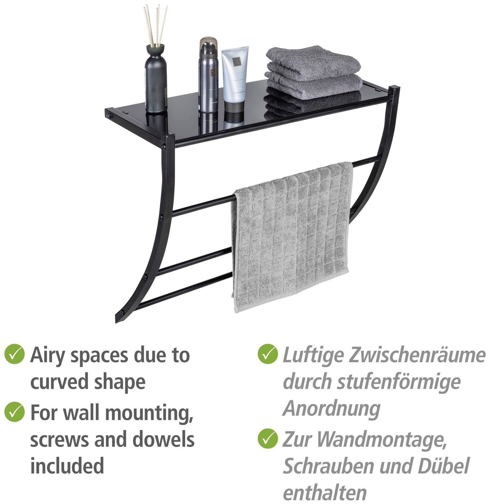 WENKO Wandplank Tarderia met glazen plank en 3 handdoekstangen